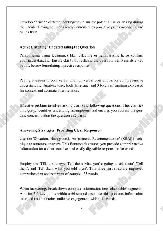 st two "curveball" questions, to refine your on-the-spot thinking and response strategies. use data tracking. log each presentation's positive and negative feedback. review trends after 5 sessions to discover weaknesses and implement changes. refine strategies in upcoming sessions. q session: putting it all together in q, synthesize your knowledge from sections 1 through 5; anticipating **80%** of questions will boost your confidence and preparedness in delivering complete answers. a **10-second** pause before responding allows you to gather thoughts, structure the answer, and demonstrate thoughtful consideration. this improves clarity and accuracy. implement the **'repeat, answer, benefit'** strategy, for example, rephrasing questions, providing a direct answer, then articulating the value to the audience. conclusion in conclusion, providing regular updates and effectively addressing questions fosters trust and transparency. this open communication ensures clarity, manages expectations, and strengthens relationships with stakeholders. references 1. ancona, d., malone, t. w., orlikowski, w. j., senge, p. m. …