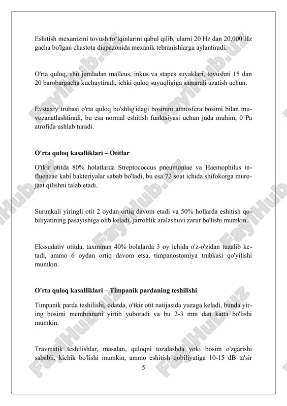 losa oʻrta quloq eshitish uchun zarur boʻlgan tovush tebranishlarini kuchaytiradi va ularni ichki quloqqa uzatadi, shu bilan eshitish qobiliyatini taʼminlaydi. foydalanilgan adabiyotlar 1. tos, m. (1993). manual of middle ear surgery. vol. 1: approaches, myringoplasty, ossiculoplasty. thieme. 2. sadé, j. (1979). secretory otitis media and its sequelae. churchill livingstone. 3. bluestone, c. d., klein, j. o. (2003) 0 0 0 7