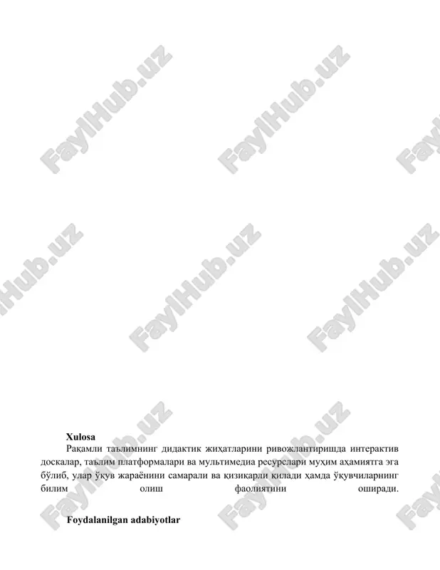 lim olish faoliyatini oshiradi. foydalanilgan adabiyotlar 1. jonsson, a. (2019). digital tools for teaching and learning: a review of the literature. international journal of educational technology in higher education, 16(1), 1-15. 2. christensen, c. m., horn, m. b., johnson, c. w. (2008)