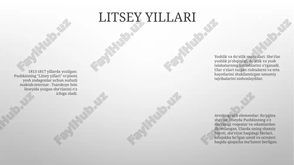 ga folklor unsurlarini mohirlik bilan kiritib, adabiy estetika va xalq tasavvurini uyg‘unlashtirgan. ertak moslamalari: pushkin rus ertaklarini adabiy moslamalari bilan mashhur. uning eng mashhur ertak she’rlari: “tsar saltanning ertagi”, “baliqchi va baliq haqidagi ertak”, “oltin xo‘roz”. ushbu moslashuvlar folklor hikoyalarini kengroq auditoriyaga olib keldi va ularni rus adabiyotida ommalashtirdi. tarbiyaviy ahamiyati: “aleksandr sergeyevich pushkinning bolalarga atalgan asrlari” pushkinning bolalar uchun yozgan she’rlar to‘plamidir. bu she’rlar yosh kitobxonlarni rus tilining go‘zalligi, xalq og‘zaki ijodining jozibasi, she’riyat zavqi bilan tanishtiradi. pushkinning ertaklari muallif: aleksandr sergeyevich pushkin, taniqli rus shoiri va yozuvchisi mundarija: “baliqchi va baliq haqidagi ertak”, “oltin xo‘roz haqidagi ertak”, “tsar saltan haqidagi ertak”, “malika va yetti ritsar haqidagi ertak” kabi beshta sehrli ertak to‘plami. va “o‘lik malika va yetti ritsar haqidagi ertak”. mundarija: “baliqchi va baliq haqidagi ertak”, “oltin xo‘roz haqidagi ertak”, “tsar saltan haqidagi ertak”, “malika va yetti ritsar haqidagi ertak” kabi beshta sehrli ertak to‘plami. va “o‘lik malika …