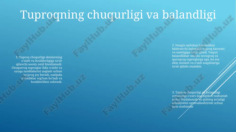 fning roli: relef yoki balandlikdagi o'zgarishlar eroziya, suv drenaji va harorat o'zgarishiga ta'sir qilish orqali tuproq profilining rivojlanishiga ta'sir qiladi. tuproq profilining rivojlanishi: tuproq profilining rivojlanishi - bu tuproqda tuproq gorizontlari deb ataladigan aniq qatlamlarni shakllantirish jarayoni. tuproq profilining rivojlanishining ahamiyati: tuproq profilining rivojlanishi tuproqning fizik, kimyoviy va biologik xususiyatlarini belgilaydi. bu tuproq unumdorligiga, drenajlanishiga va eroziya potentsialiga ta'sir qiladi. tuproqning tasnifi va relyefi qishloq xo'jaligida tuproq tasnifi va relefining ahamiyati:- tuproqni tasniflash fermerlarga o'z tuproqlarining xususiyatlari va imkoniyatlarini aniqlash imkonini beradi, bu ularga ekin tanlash, o'g'itlarni qo'llash va sug'orish amaliyoti bo'yicha asosli qarorlar qabul qilish imkonini beradi. ekinlarga yaroqliligi uchun tuproq tasnifi va relyefi: - relyef yoki landshaftning fizik xususiyatlari, tuproqning drenajlanishi, harorat va eroziya kabi omillarga ta'sir qiladi, bu esa ekinlarning o'sishi va hosildorligiga ta'sir qilishi mumkin tuproqni saqlash va relyef: - eroziyaga qarshi kurash kabi tuproqni saqlash amaliyotlarida relyef hal qiluvchi rol o'ynaydi tuproq sifati ko'rsatkichi sifatida …
