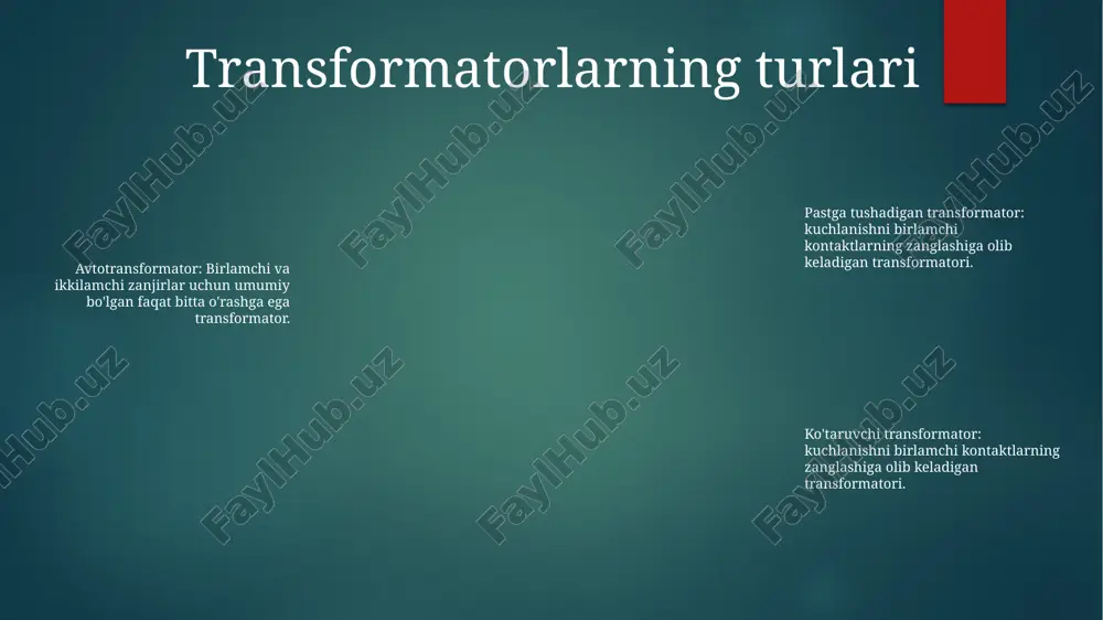 ansformatorlar: transformatorlar kontaktlarning zanglashiga olib keladigan kuchlanish yoki oqim darajasini o'zgartiradigan elektr qurilmalaridir. ular elektr uzatish, tarqatish va elektronika dasturlarida kuchlanishni oshirish yoki kamaytirish uchun ishlatiladi. o'zgaruvchan transformatorlar o'zgaruvchan transformatorlar: toymasin kontaktning o'rnini sozlash orqali kuchlanish chiqishini o'zgartirishi mumkin bo'lgan qurilmalar, kuchlanishni nozik sozlash imkonini beradi. transformatorlar: elektromagnit induksiya orqali ikki yoki undan ortiq kontaktlarning zanglashiga olib elektr energiyasini uzatuvchi elektr qurilmalari. ular kuchlanish, oqim va impedans darajalarini o'zgartirishi mumkin. ularning turlari: dunyo bo'ylab ilonlarning taxminan 3500 turi mavjud bo'lib, ular kattaligi, rangi va yashash joylarida turlicha. ba'zi keng tarqalgan turlarga pitonlar, kobralar, ilonlar va boas kiradi. smps transformatorlari smps transformatorlari: bu o'zgaruvchan tokni (ac) to'g'ridan-to'g'ri oqimga (dc) aylantirish uchun o'zgaruvchan quvvat manbalarida (smps) ishlatiladigan transformatorlar. ular yuqori kommutatsiya chastotalarida ishlaydi. transformatorlar: transformatorlar elektr tokining kuchlanishini yoki oqimini o'zgartirish uchun ishlatiladigan elektromagnit qurilmalardir. ular o'zgaruvchan tok (ac) tizimlarida qo'llaniladi. ularning sayohatlari: ularninglar sudralib yuruvchilar sinfiga mansub umurtqali hayvonlardir. ular ikkita …