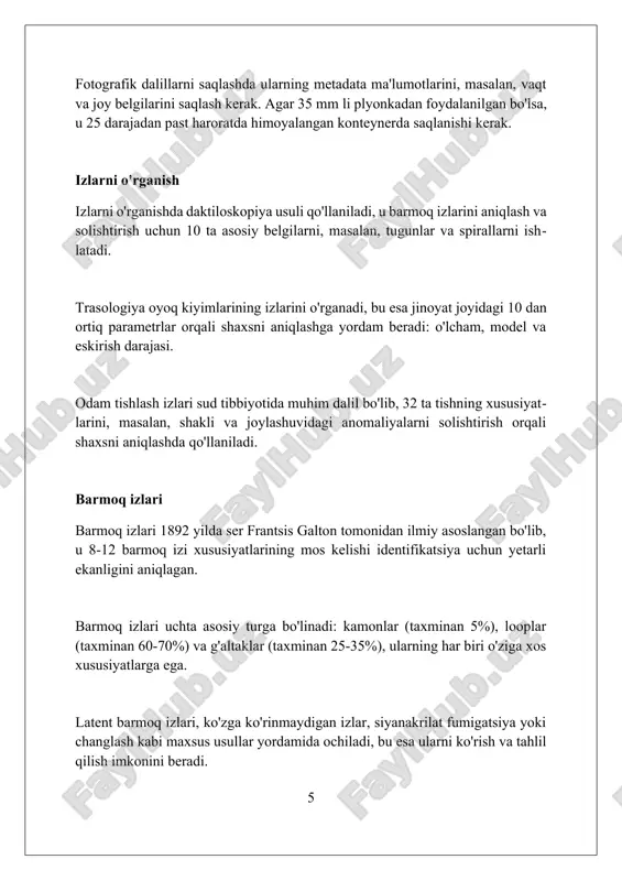 yakuniy qismidir. xulosada ekspertning fikri aniq ifodalanishi, ilmiy uslublar va statistik tahlillar asosida qabul qilingan, 95% ishonch darajasiga erishilgan bo'lishi kerak. xulosa, sud protsessida muhim rol o'ynaydi, unda kriminalist-ekspert o'z ilmiy topilmalarini aniq tushuntirishi va 10 dan ortiq turli dalillarni bog'lashi lozim. xulosa kriminalistika jinoyatlarni ochish va oldini olish uchun muhimdir, dalillarni aniqlash, tahlil qilish va sudga taqdim etishda yordam beradi. foydalanilgan adabiyotlar 1. adilov, f. i. (2018). kriminalistika. toshkent: o'zbekiston respublikasi iiv akademiyasi. 2. volevodz, a. g. (2016). kriminalistika: sxemalar, ta'riflar, izohlar. moskva: yurlitinform. 3. ishenko, e. p., ishenko, m. e. (2019). kriminalistika: qisqa kurs. moskva: yurayt. 4. komissarov, v. i 2