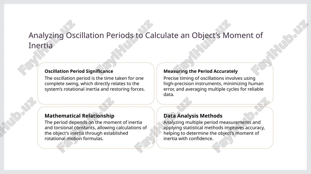 pends on the moment of inertia and mass distribution, linking rotational inertia to observable behavior. in rotational systems, kinetic and potential energies interchange during oscillations, governed by physical laws that allow precise calculation of moments of inertia through period analysis. experimental setup for measuring moment of inertia using an oberbeck pendulum 1 measurement apparatus the setup includes an oberbeck pendulum with a horizontal support, a rigid stand, and a precise timing device to record oscillation periods accurately. 2 sample object placement the object whose moment of inertia is measured is securely attached at a known radius from the pivot, ensuring consistent oscillation behavior during experiments. 3 calibration and alignment the apparatus is carefully calibrated, with the pendulum's pivot aligned horizontally, minimizing errors and ensuring reliable data collection for inertia calculations. analyzing oscillation periods to determine rotational inertia oscillation period and inertia the period of oscillation reflects how long it takes …