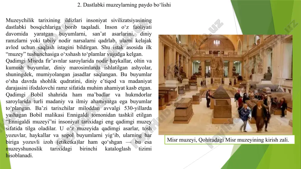 ishining rivoji o‘rta asrlar davri (v–xiv asrlar)da yevropa mamlakatlarida diniy qarashlar ustuvor bo‘lgani sababli ilm-fan, san’at va madaniyat sohalarida sekinlashuv kuzatildi. bu holat muzeychilik faoliyatiga ham ta’sir ko‘rsatdi. o‘sha davrda asosan monastir va cherkovlarda diniy san’at asarlari, muqaddas buyumlar va qo‘lyozmalar saqlangan. ular jamoatchilik uchun ochiq bo‘lmagan, faqat ruhoniylar yoki zodagonlar ko‘ra oladigan yopiq kolleksiyalar hisoblangan. biroq, uyg‘onish davri (xiv–xvi asrlar) inson tafakkurining uyg‘onish davri bo‘lib, ilm-fan va san’atning tez sur’atlarda rivojlanishiga turtki berdi. aynan shu davrda insoniyat o‘z o‘tmishini, madaniy va estetik qadriyatlarini chuqur anglay boshladi. natijada boy oilalar, qirollar va zodagonlar san’at asarlarini yig‘ish, qadimiy haykallarni tiklash va ularni alohida joylarda namoyish etish bilan shug‘ullana boshladilar. taxminan 1500-yillarga oid fransuzcha yoritilgan qo‘lyozmadan xochga mixlash sahnalari. italiyada bu jarayon ayniqsa faol bo‘ldi. florensiyadagi medichi sulolasi o‘zining ulkan san’at to‘plamlari bilan mashhur bo‘ldi. keyinchalik ularning kolleksiyasi asosida tashkil etilgan uffizi galereyasi bugungi kungacha dunyoning eng qadimiy va mashhur muzeylaridan biri …