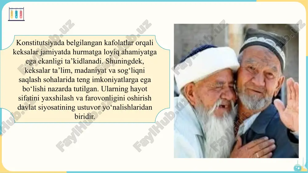 i b) soliq kodeksi c) ta’lim to‘g‘risidagi qonun d) madaniyat va san’at qonuni 3. “faol keksalar” dasturining asosiy maqsadi nima? a) moliyaviy yordam berish b) keksalarning ijtimoiy faolligini oshirish c) uy-joy qurilishi d) sport musobaqalarini tashkil qilish 4. keksalarga uy sharoitida ko‘rsatiladigan xizmatlar qaysi sohalarni qamrab oladi? a) faqat tibbiy xizmat b) tibbiy xizmat, oziq-ovqat va kundalik ehtiyojlar c) faqat madaniy tadbirlar d) ta’lim va sport 5. davlat dasturlari keksalarga qanday yordam beradi? a) moddiy, ruhiy va ijtimoiy qo‘llab-quvvatlash orqali b) faqat transport xizmatlari bilan c) faqat sport tadbirlari bilan d) faqat pensiya orqali 6. keksalarning jamiyatdagi faol qatnashishini rag‘batlantirish uchun qaysi loyihalar mavjud? a) faqat uy sharoitida xizmatlar b) madaniy, sport va ijtimoiy tadbirlar c) faqat moliyaviy yordam d) ta’lim tizimi 7. keksalarga beriladigan imtiyozlar qaysi sohalarni qamrab oladi? a) kommunal xizmatlar, sog‘liqni saqlash, transport b) faqat moliyaviy yordam c) faqat sport va madaniyat d) faqat ish bilan ta’minlash …