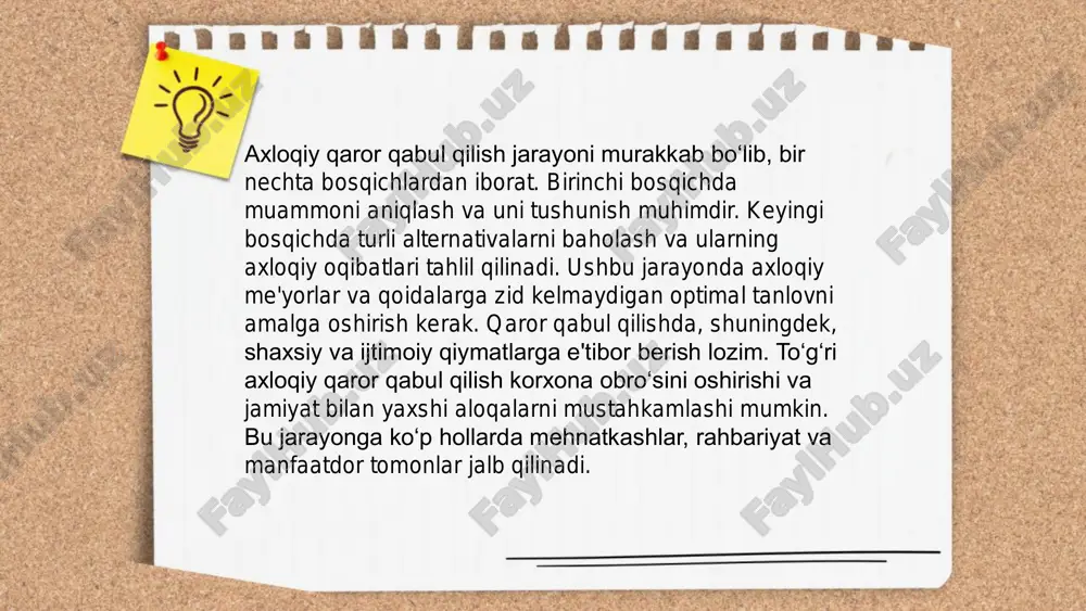 lash tizimlarini modernizatsiya qilish jarayonida elektron ma'lumotlar bazalariga o'tish amalga oshirilmoqda, bunda ma'lumotlar xavfsizligi va maxfiyligi muhim omildir. kasallik tarixlari orqali statistik tahlillar o'tkazilib, profilaktika va davolash strategiyalari yaxshilanadi. ... t.me/slaydai_bot tibbiy xatolar shifokorlar yoki tibbiyot xodimlari tomonidan amalga oshiriladigan noto'g'ri yo'l-yo'riq yoki qarorlar natijasidir. dunyoda har yili taxminan 250,000 kishining hayotini yo'qotishiga sabab bo'lgan tibbiy xatolar aqshda uchinchi o‘lim sababidir. aksariyat holda, noto‘g‘ri tashxis qo‘yish, davolashdagi xato va noto‘g‘ri dori berish kabilar ma’lum. bu xatolar axloqiy jihatdan qabul qilib bo‘lmasdir, chunki ular bemorga zarar yetkazadi va ishonchni pasaytiradi. bu muammolarni kamaytirish uchun tibbiyot xodimlari yanada e’tiborli bo‘lishi, doimiy ravishda bilim va ko‘nikmalarini oshirishi kerak. tibbiy tashkilotlarda yaxshilangan proseslar va axloqiy me’yorlarga rioya qilish zarur. ... t.me/slaydai_bot 13. izolyatsiya va karantin qoidalari izolyatsiya va karantin qoidalari odatda quyidagi mezonlar asosida amalga oshiriladi: covid-19 testi ijobiy chiqqan shaxslar kamida 10 kun davomida izolyatsiyada bo'lishi kerak. aloqa izolyatsiyasi uchun, yaqindan aloqada bo'lgan …