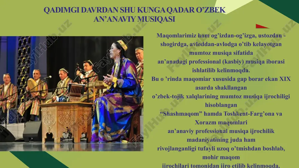 musiqasi kafedrasi ochilganligi va 1982-yilda o’zbekistonda ilk bor maqom ijrochiligi tanlovi o’tkazilganligi umuman olganda o’zbek kasbiy musiqa san’ati, shu jumladan maqom san’atiga berilayotgan e’tibor edi. ushbu tanlov orqali rahmatjon qurbonov, mahmudjon tojiboyev, mashrabjon ermatov, erkin ro’zimatov, munojot yo’lchiyeva, hurriyat isroilova, maryam sattorova, mehri abdullayeva singari el ardog’idagi uchinchi avlod xonandalari san’at ixlosmandlari nazariga tushib, endilikda mashhurlik darajasiga erishdilar. e’tiboringiz uchun rahmat image6.jpeg image7.jpeg image8.png image11.svg image9.png image10.png image14.svg image11.png image12.png image3.svg image13.png image14.png image15.png image16.png image17.png image21.svg image18.png image23.svg image19.jpeg image20.png image21.png image22.png image28.svg image23.png image24.png image31.svg image25.png image26.png image27.png image35.svg image28.png image29.png image38.svg image30.png image31.png image2.png image3.png image4.png image5.png /docprops/thumbnail.jpeg