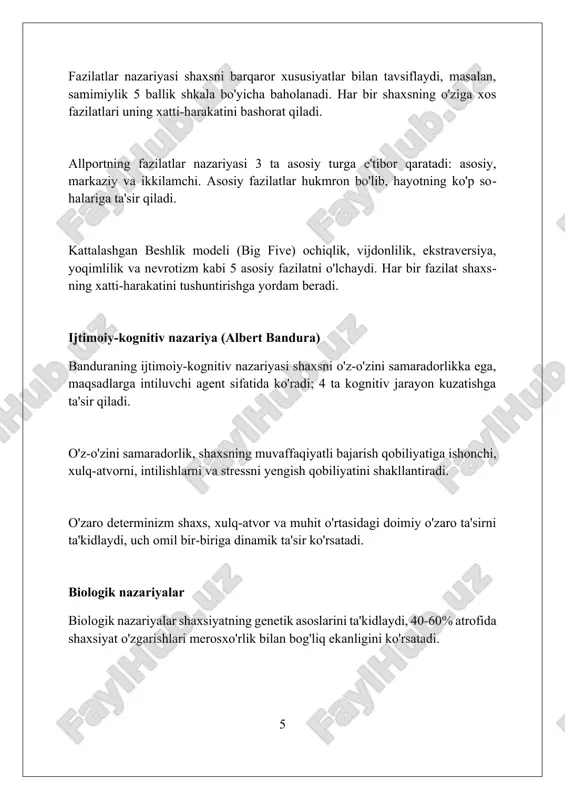 ul qilish yoki rad etish. natijalar 5% xatolik darajasi bilan izohlanadi. shaxs nazariyalari bo'yicha xulosa, 10 dan ortiq nazariyalarning umumiyligi va farqini ajratib ko'rsatadi, kelajakdagi 7 ta tadqiqot yo'nalishini belgilaydi va 6 ta amaliy tavsiyalar beradi. xulosa turli psixologiya maktablarida shaxsiyat nazariyalari shaxsiyatning murakkabligi va ko'p qirraliligini aks ettiruvchi xilma-xil qarashlarni taklif etadi. foydalanilgan adabiyotlar 1. schultz, d. p., schultz, s. e. (2016). personality theories. cengage learning. 2. feist, j., feist, g. j., roberts, t.-a. (2018). theories of personality. mcgraw-hill education. 3. ryckman, r. m. (2012). theories of personality. wadsworth, cengage learning. 4 2