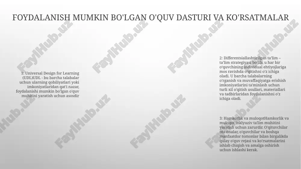 lash: inklyuziv ta'lim dasturining rivojlanishi va ta'sirini muntazam ravishda baholash, takomillashtirish yo'nalishlarini aniqlash. nogiron bolalar uchun inklyuziv ta'lim: sifatli ta'lim olish, individual yordam va yoqimli ta'lim muhitini ta'minlash. inklyuziv ta'limni barqaror moliyalashtirish inklyuzivlik va tenglik: inklyuziv ta’limni barqaror moliyalashtirish barcha bolalarning qobiliyatlari yoki kelib chiqishidan qat’i nazar, sifatli ta’lim olishdan teng foydalanishni ta’minlashga qaratilgan. ta'sirli amaliyotlar: loyiha o'qituvchilar malakasini oshirish, mavjud o'quv materiallari va jamoatchilikni jalb qilish kabi innovatsion va samarali inklyuziv ta'lim amaliyotlarini qo'llab-quvvatlaydi. dalillarga asoslangan yondashuv: moliyalashtirish tadqiqot va dalillarga asoslangan amaliyotlar bilan ta'minlanadi, bu esa resurslar nogiron bolalar uchun ta'lim natijalarini yaxshilashga eng muhim ta'sir ko'rsatishi mumkin bo'lgan joylarda taqsimlanishini ta'minlaydi. e'tiboringiz uchun rahmat @taqdimot_robot image13.png image12.png /docprops/thumbnail.jpeg