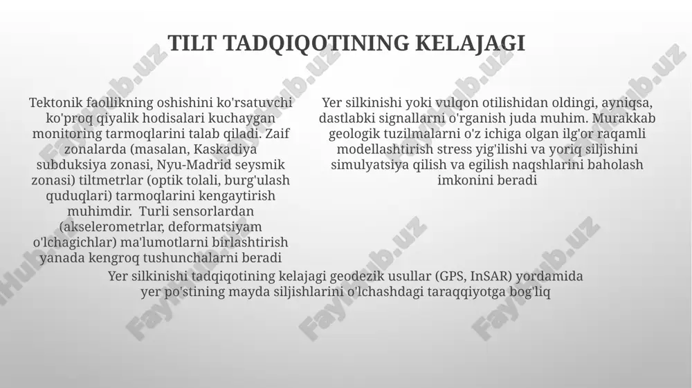 yshayishini aniqladi; tuproq suyuqlanishi asosiy omil; yer osti suvlari darajasi qiyshayish miqdoriga ta'sir qildi; qurilish kodekslarini yaxshilash uchun shunga o'xshash 10 ta holat bo'yicha qo'shimcha tadqiqotlar kerak. 2011-yilgi tohoku (yaponiya) sunamisida qirg'oq inshootlari 3 metrga egilgan; 9,0 balli seysmik to'lqinlar va undan keyingi yer yuzasining deformatsiyasi; 1000 dan ortiq bino egilishini tekshirilgan; poydevorning buzilishi sendaydagi tekshirilgan inshootlarning 20%iga ta'sir qilgan muhim omil bo'lgan. mayl buzilishlari san-frantsisko marin tumanidagi binolar (1989 yildagi loma-prieta zilzilasidan keyin)da 5 gradusdan ortiq egilishga olib keluvchi tilt shikastlanishlari, ko'pincha yetarlicha poydevor tayanchining yo'qligi (masalan, yetarlicha yuk ko'tarish qobiliyati yo'qligi, 1000 fut balandlikdagi 30°li yon bag'irning beqarorligi) tufayli yuz beradi yer osti suvi to'yinganligi va 1,5g seysmik tezlanish (kraystcherch, yangi zelandiya) tufayli yuz bergan zichlanish tuproq mustahkamligini keskin pasaytirib, zaif tuproqlarga (masalan, reyn daryosi bo'yidagi allüvial konlarga) qurilgan inshootlarning 15 darajagacha qiyshayishiga olib keladi tokiodagi 50 metrli binoga 30 metr balandlikda 1000 kn shamol bosimi yoki missisipi …