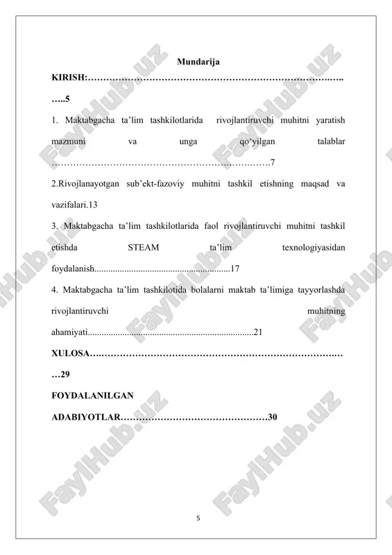 iruvchi muhiti mazmuni madaniy-tarixiy qadriyatlar: milliy va mintaqaviy an’analar; tabiat, iqlimdan kelib chiquvchi xususiyatlarga mos bo‘lishi lozim; 14. muhit mazmuni birlamchi dunyoqarash asoslarini shakllantirish, bolaning muvaffaqiyatli ijtimoiy moslashuviga yordam berishi lozim. rivojlantiruvchi muhit mazmuniga quyidagi talablar qo‘yiladi: ● mazmunan boy – davlat o‘quv dasturining mazmuniga mos kelishi, materiallar, jihozlar va xona va bino tashqarisidagi inventarlarning xilma-xilligi; ● o‘zgartuvchan – ta’lim va tarbiya jarayoni vaziyatiga, shuningdek, bolalarning qiziqishlari va imkoniyatlarining o‘zgarishiga qarab rivojlantiruvchi muhitda o‘zgarishlar bo‘lish imkoniyatini nazarda tutadi; ● polifunksional – rivojlantiruvchi muhitning turli tarkibiy qismlaridan xilma-xil foydalanish imkoniyati; ● muqobil – guruhda turli joylar, rivojlanish markazlari, shuningdek, bolalarning erkin tanlovini ta’minlaydigan turli xil materiallar, o‘yinlar, o‘yinchoqlar va jihozlarning mavjudligi; o‘yin materialining muntazam ravishda o‘zgartirilishi, bolalarning o‘yin, harakat, bilish va tadqiqot faoliyatini rag‘batlantiradigan yangi buyum va ashyolarning paydo bo‘lishi; ● hammabop – tarbiyalanuvchilar, shu jumladan, alohida taʼlim olish ehtiyojiga ega boʻlgan bolalar uchun ta’lim va tarbiya jarayonida foydalaniladigan barcha faoliyat …