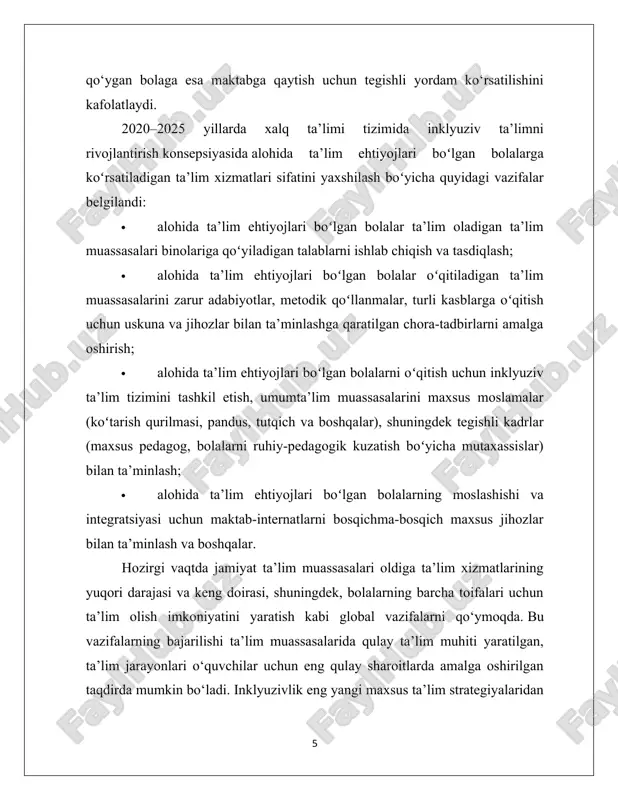 oliy ta’lim muassasalarida inklyuziv ta’lim dasturlarini joriy etish, inklyuziv ta’lim metodikasiga oid o‘quv materiallarini takomillashtirish; - inklyuziv ta’lim berishning zamonaviy nazariyalarini o‘zlashtirish, inklyuziv ta’lim tizimida faoliyat olib borayotgan pedagoglarni tayyorlash, qayta tayyorlash va malakasini oshirish markazlarini tashkil etish hamda ta’lim berishda shaxsga yo‘naltirilgan yondashuvlar asoslarini egallashga sharoit yaratish (olg‘or xorijiy tajribalarni o‘rganish); - o‘qituvchi, o‘quvchi, ota-ona, jamoat tashkilotlari mutaxassislari, keng jamoatchilik uchun inklyuziv ta’lim bo‘yicha o‘quv-uslubiy majmualar va ommabop nashrlar yaratish (metodik qo‘llanma va tavsiyalar); - inklyuziv ta’lim tizimi joriy etilgan ta’lim muassasalarida o‘qituvchilarning sifat tarkibini, xususan magistrlik darajasiga ega bo‘lgan pedagoglar sonini bosqichma-bosqich oshirish; - inklyuziv ta’limni joriy etishda avvalo chekka hududlarda joylashgan, o‘quvchilar soni kam bo‘lgan umumta’lim maktablaridagi alohida ta’lim ehtiyojlari bo‘lgan bolalarni o‘qitishga e’tibor qaratish; - inklyuziv ta’lim sifatini mustaqil baholash tizimini shakllantirish va alohida ta’lim ehtiyojlari bo‘lgan bolalar uchun qo‘shimcha pedagogik ta’lim xizmatlarini yo‘lga qo‘yish; - xalq ta’limi sohasida rahbar kadrlar tayyorlash bo‘yicha standartlashtirilgan dastur ishlab …