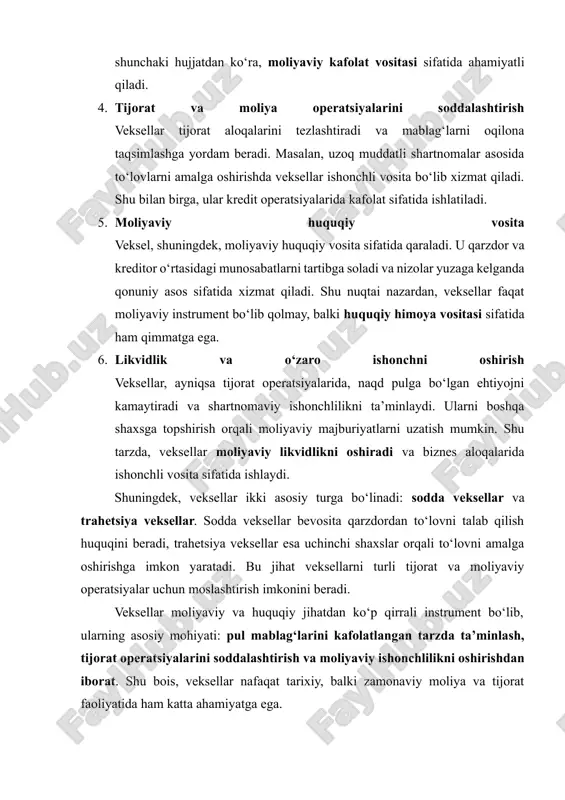 vchini amalga oshiruvchi) va kreditor (oluvchi) o‘rtasida tuziladi. xususiyatlari: · to‘lov majburiyati aniq ko‘rsatiladi. · shartnoma shartlariga amal qilinmasligi holida qonuniy talab asosida qarzdorga nisbatan da’vo qo‘zg‘atilishi mumkin. · asosiy vazifasi — qarzni kafolatlash va ishonchli to‘lov vositasi sifatida xizmat qilish. amaliy misol: ali 1 mln so‘m qarz oladi va uni 3 oy ichida to‘lashni va’da qiladi. bu holatda ali va vekseldagi oluvchi o‘rtasida sodda veksellar tuziladi. 2. trahetsiya yoki tashqi veksellar (bill of exchange) trahetsiya veksellar uchinchi shaxsni jalb qiladigan rasmiy to‘lov hujjati hisoblanadi. bu turdagi veksellarda qarzdor bir shaxsga to‘lovni amalga oshirishni buyuradi, lekin pulni to‘lashni uchinchi shaxs amalga oshiradi. xususiyatlari: · uch tomonli ishtirok: vekseldagi buyruqni beruvchi (drawer), to‘lovni amalga oshiruvchi (drawee), oluvchi (payee). · kafolatlangan to‘lov: trahetsiya veksellar tijorat bitimlarida ishonchni oshiradi. · shartnoma qonuniy ravishda himoyalangan va da’vo asosida talab qilish mumkin. amaliy misol: kompyuter ishlab chiqaruvchi kompaniya o‘z yetkazib beruvchisiga 5 mln so‘m to‘lashni …