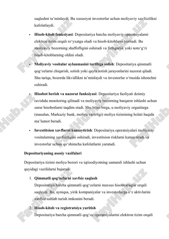 ga mablag‘larini saqlash yoki foiz olish maqsadida joylashtirishidir. depozitlar banklar faoliyatining asosiy manbalaridan biridir. depozitlarning turlari: 1. omonat depozitlari – belgilangan muddatga mablag‘larni bankda saqlash va foiz olish. 2. joriy depozitlar – kundalik operatsiyalar uchun ochilgan hisoblar; ular odatda foizsiz yoki juda kam foiz bilan ishlaydi. 3. maxsus depozitlar – ma’lum bir maqsad yoki shart bilan ochilgan depozitlar, masalan, ta’lim, uy-joy sotib olish kabi. depozitlar orqali banklar jamg‘armalarni shakllantiradi va ushbu mablag‘larni kreditlash yoki boshqa investitsiya loyihalariga yo‘naltiradi. depozit — bu jismoniy va yuridik shaxslarning o‘z mablag‘larini bank yoki boshqa moliya institutlarida saqlash, boshqarish va ulardan daromad olish maqsadida joylashtirish jarayonidir. depozitlar nafaqat banklarning moliyaviy resurslarini shakllantiradi, balki iqtisodiyotning barqaror rivojlanishi va kreditlash tizimining samarali ishlashida muhim vosita hisoblanadi. depozitlar orqali jamiyatning jamg‘armalari iqtisodiy faoliyatga yo‘naltiriladi, bu esa investitsiya loyihalarini moliyalashtirishga yordam beradi. depozitlarni klassifikatsiya qilish bir nechta mezonlar bo‘yicha amalga oshiriladi. ularning eng asosiylari: muddat, shakl, foiz stavkasi, likvidlik …