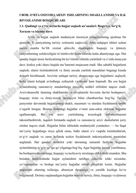salasi ham muhim o‘rin tutadi. ularning maxfiyligi, yaxlitligi va mavjudligi doimiy nazorat ostida bo‘lishi kerak. bunda maxsus kriptografik vositalar, zaxira nusxalash texnologiyalari va axborot xavfsizligi tizimlari qo‘llaniladi. hujjatlarni arxivga topshirish, ularni saqlash va foydalanish tartibi tegishli normativ-huquqiy hujjatlar bilan belgilanadi. o‘zbekiston respublikasi milliy arxiv fondi to‘g‘risidagi qonun, arxiv ishi to‘g‘risidagi nizomlar, idoraviy arxivlar faoliyatini tartibga soluvchi me’yoriy hujjatlar bu sohaning huquqiy asoslarini tashkil etadi. arxiv va hujjat saqlash madaniyati nafaqat davlat muassasalarida, balki xususiy sektor, nodavlat tashkilotlar va oddiy fuqarolar faoliyatida ham muhim rol o‘ynaydi. ayniqsa, tashkilotlarning yuridik jihatdan to‘g‘ri faoliyat yuritishi uchun hujjat aylanishi va arxivlashtirish qoidalariga qat’iy rioya qilinishi shart. bunga rioya qilinmasligi ko‘p hollarda sud ishlari, moliyaviy hisobotlar, audit tekshiruvlari va boshqa rasmiy jarayonlarda muammolarga sabab bo‘ladi. shuningdek, hujjatlarni tasniflash va raqamlashtirish ishlarida zamonaviy dasturiy vositalar, masalan, elektron hujjat aylanish tizimlari, sun’iy intellekt asosida ishlovchi axborot qidiruv tizimlari, avtomatlashtirilgan arxiv modullari keng qo‘llanilmoqda. bu vositalar inson mehnatini …
