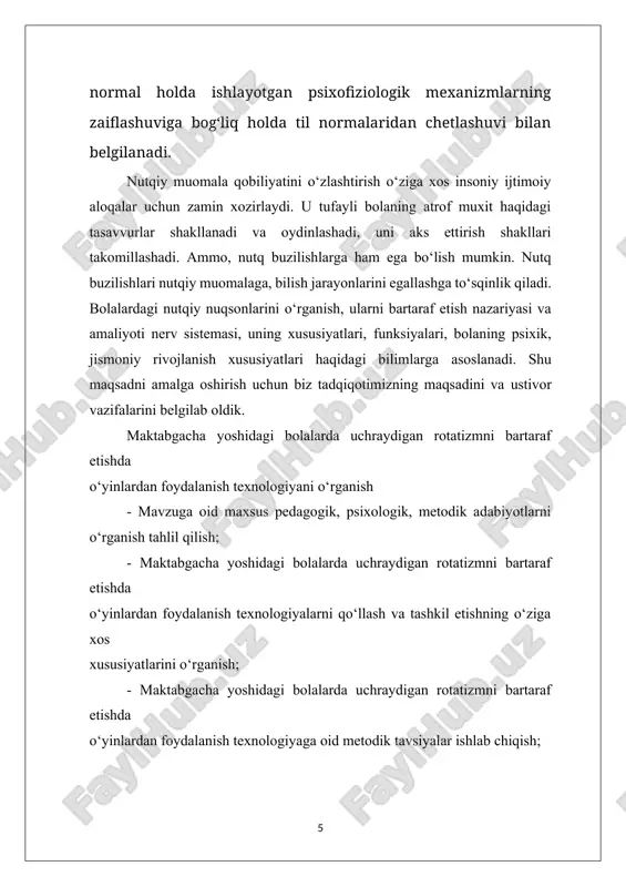 a yuzaga keladigan og‘ir nutq nuqsoni bo‘lib, juft neyronlarning shikastlanishi natijasida yuzaga keladi. falajlanish asosan bir tarafdan, chap yoki o‘ng tarafdan bo‘ladi. bola tili asosan paretik falajlangan bo‘shashgan yoki spastik, ya’ni tarang falajlanishda bo‘ladi. 3. alaliya - bu bosh miyaning organik jarohatlanishi natijasida yuzaga keladigan og‘ir nutq nuqsoni bo‘lib, bu tashxis eshitishi va zakovati me’yorda bo‘lgan haxslarga qo‘yiladi. alaliya nutqning 3ta komponenti rivojlanmaganligi bilan namoyon bo‘ladi. 1. afaziya- bu bosh miyaning organik jarohatlanishi natijasida shakllangan nutqning yo‘qolishi. bolalar afaziyasi tajribada kam uchraydi. afaziya asosan insultdan keyin uchraydi. bolalarda esa miya infeksiyalari, miya rivojlanishi davrida turli xil kuchli travmalar natijasida yuzaga keladi. 2. rinolaliya - bu artikulyatsion apparat a’zolarida tug‘ma yoki orttirilgan nuqsonlarning bo‘lishi yoki artikulyatsion apparat a’zolarida burun, burun halqum sohasida falajlanishlarning kuzatilishi, burun suyagining qiyshayishi, burun ohasidagi turli xil o‘simtalar, odenoidlar, poliplar bo‘lishi natijasida yuzaga keladigan og‘ir nutq nuqsonlari hisoblanadi. 3. duduqlanish - bu og‘zaki nutq jarayonida artikulyatsion apparat …
