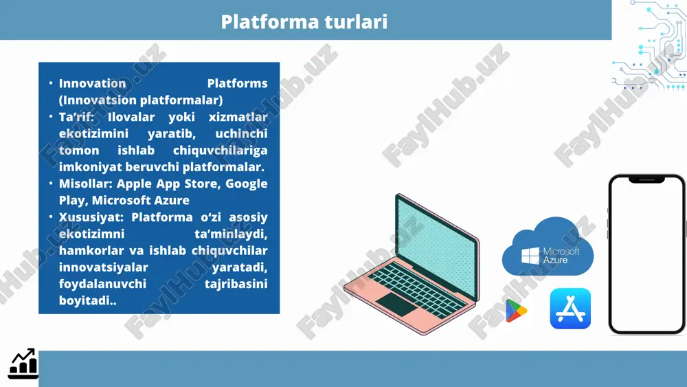 dalanuvchi jalb qilish va ushlab turish ma’lumotlar tahlili va shaxsiylashtirish platforma foydalanuvchi odatlari va xatti-harakatlarini tahlil qilib, individual xizmatlar yaratadi. misol: yandex go – foydalanuvchi uchun eng qulay marshrut va xizmatni taklif qiladi; uzum market – xaridorlar uchun shaxsiy mahsulot tavsiyalari yaratadi. innovatsion yechimlar va moslashuv platforma yangiliklar kiritishga va talabga tez moslashishga qodir bo‘lishi zarur. misol: yandex go – yangi xizmatlar (yetkazib berish, dorixona buyurtmalari); uzum market – yangi mahsulot va sotuvchilarni qo‘shib, platforma qiymatini oshiradi. 06 xulosa platforma modeli – zamonaviy biznesning kaliti platforma modeli an’anaviy biznesdan tubdan farq qiladi. an’anaviy biznes lineer tizimga tayanadi: kompaniya mahsulot yoki xizmatni ishlab chiqaradi, uni iste’molchiga yetkazadi va daromad oladi. shu bilan birga, platforma modeli foydalanuvchilar va hamkorlar o‘rtasidagi interaktiv tarmoq orqali qiymat yaratadi. e’tiboringiz uchhun rahmat image1.png image2.jpeg image11.svg image12.png image13.svg image14.png image15.png image3.jpeg image4.png image5.svg image6.png image7.svg image8.png image9.svg image10.png image16.png image17.svg image18.png image19.svg image20.jpeg image21.png image22.jpeg image31.svg image23.png …