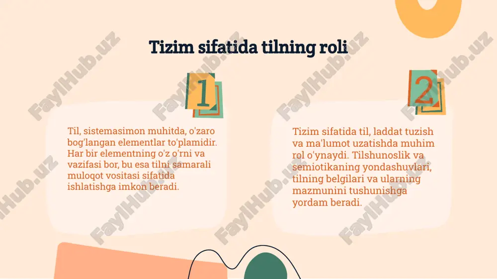 tildagi o'rni semiotika tushunchasi til va belgilar tilshunoslikdagi o'rni ko'rsatkich va ma'no semiotika belgilarni va ularning ma'nolarini o'rganadigan fan. u til, rasm, va boshqa kommunikativ tizimlarni qamrab oladi. til like belgilar tizimidir. har bir so'z yoki ibora ma'lum bir ma'noni ifodalaydi va tushunishga yordam beradi. tilshunoslik semiotika bilan yaqin aloqada. u tilning tuzilishi va funktsiyalarini tahlil qilishda yaratilgan nazariyalarni qo'llaydi. ko'rsatkichlar va ma'no belgilar o'rtasidagi aloqani ifodalaydi. bu aloqada til muhim rol o'ynaydi, chunki u ma'nolarni uzatadi. 03 02 04 01 kommunikativ tajriba va til kommunikativ tajriba til orqali amalga oshiriladi. til, odamlar o'rtasida fikr almashish, hissiyot va ma'lumotlarni yetkazish uchun zarur vositadir. bu jarayonda til o'zining tuzilishi va qoidalari bilan kommunikativ funksiyalarni bajaradi. til orqali ma'lumot uzatish til orqali ma'lumot uzatish - bu odamlar o'rtasida fikr almashishning asosiy vositasi. til, o'zining strukturalasi va simbolikasi orqali, ma'lumotlarni aniq va samarali yetkazishga xizmat qiladi. shuningdek, til orqali biz o'z fikrlarimizni va …