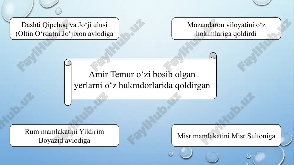 uriyadagi noiblari o‘rtasida taxminan 25 marta maktub va elchilar almashuvi bo‘ldi. amir temur misr sultoni barquq bilan do‘stona munosabatlar o‘rnatilishi, savdogar va tijorat ahllari bemalol bordi-keldilarini amalga oshirishlari, bundan keyin o‘rtada hech qanaqa ixtilof va adovat harakatari bo‘lmasligi haqida takliflar bildirib o‘z elchilarini jo‘natgan edi. biroq sulton barquq amir temur jo‘natgan elchilarni qatl etib, takliflarni rad etadi. keyinchalik amir temur sulton boyazid ustidan g‘alaba qozongach, misr o‘z itoatkorligini izhor etadi oltin o‘rda bilan aloqalar amir temur yordamida to‘xtamish oltin o‘rda taxtiga kelgan bo‘lsa-da, uning movarounnahrga talonchilik yurishlari avj oldi. bundan tashqari, to‘xtamishxon misr, iroq va turkiya bilan harbiy ittifoq tuzib, amir temurga zarba bermoqchi bo‘ldi. 1384-yilda to‘xtamishxonning elchisi misr sultoni barquq bilan uchrashuvda amir temurni yo‘q qilish taklifini kiritadi. bunday taklifga shu yili misrga kelgan turkiya va sivas elchilari mamlakatlari amir temurga qarshi bo‘lgan harbiy ittifoqqa qo‘shilishini aytdilar. turkiya, misr va oltin o‘rdaning o‘zaro yaqinlashuvi amir temur davlatiga jiddiy xavf …