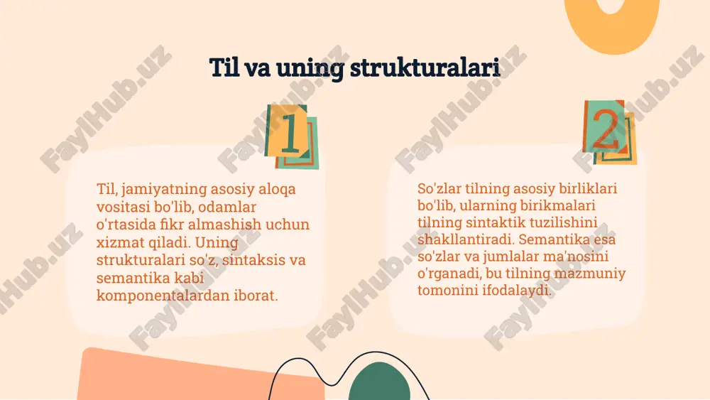 tarixiy va ijtimoiy xususiyatlarini aks ettiradi. til va madaniyat bir-biri bilan o'zaro ta'sir qiladi. til, madaniyatning qadriyatlari, an'analari va normativlarini ifodalaydi va saqlaydi. til, madaniy kontekstda o'zining ma'nolarini yoki narsalarni ifodalash usullarini o'zgartira oladi. bu, ijtimoiy munosabatlarda qanday til ishlatishingizga qarab farq qiladi. madaniyat o'zgarganda, til ham o'zgarishga duch keladi. yangi so'zlar va iboralar madaniyatdagi yangi trendlar va voqealarga mos ravishda paydo bo'ladi. 03 02 04 01 xulosa tilshunoslik va semiotika o'zaro bog'liq sohalardir. tilshunoslik tilni o'rganadi, semiotika esa belgilar va ularning ma'nolarini tahlil qiladi. ikkala soha bir-birini to'ldirib, inson kommunikatsiyasini chuqurroq tushunishga yordam beradi. foydalanilgan adabiyotlar 1. a. karimov. tilshunoslik asoslari. o‘zbekiston noshiyati, 2018. 2. n. mamatqulov. semiotik tadqiqotlar: nazariyasi va amaliyoti. fan va texnologiya, 2020. 3. s. xusainov. o‘zbek tilining semiotik jihatlari. o‘zbekiston respublikasi fanlar akademiyasi, 2019. 4. d. rasulov. til va undan olingan ma'no: semiotik yondashuv. oliy o‘qitish muassasalari, 2021. 5. f. atoyev. axborot va kommunikasiyada tilshunoslikni …