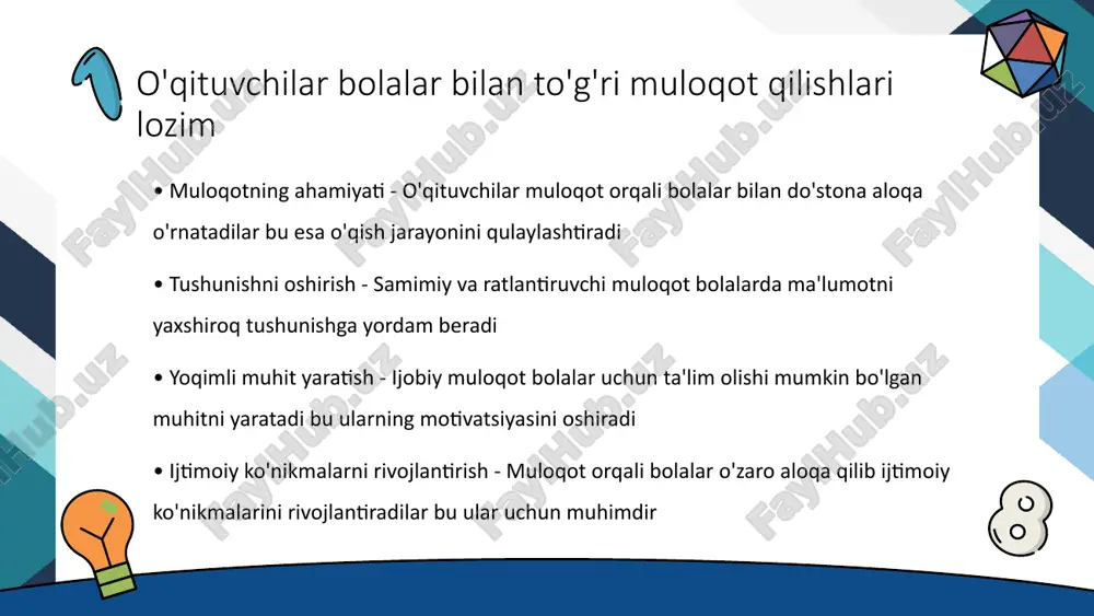 oydalanish zarur • texnologiyaning roli - bugungi kunda ta'lim jarayonida texnologiyalarni qo'llash zaruriyati oshmoqda. bu o'quvchilarning qisqa vaqt ichida ko'p ma'lumotni qabul qilishlariga yordam beradi. • interaktiv o'qitish - texnologiyalar o'qitish jarayonini interaktiv qilish imkonini beradi. o'quvchilar darsga faol qatnashadilar va o'z fikrlarini bildirishga imkoniyat oladilar. • onlayn resurslar - onlayn ta'lim materiallari o'quvchilarga kerakli ma'lumotlarni topishda yordam beradi. bu ular uchun maxsus o'quv dasturlarini yaratish imkonini berishi mumkin. • o'qituvchilar uchun qulayliklar - o'qituvchilar texnologiyalardan foydalanib darslarini yanada samarali o'tkazish imkoniyatiga ega bo'ladilar. bu ularning ishini osonlashtiradi va darslarni qiziqarli qiladi. maktabda tarbiya jarayonini mustahkamlash uchun hamkorlik zarur • ta'limda hamkorlikning ahamiyati - maktabda ta'lim jarayonini yanada samarali qilish uchun o'qituvchilar, ota-onalar va jamoatchilik o'rtasida mustahkam hamkorlik zarur • ota-onalarning roli - ota-onalar maktab faoliyatida yaxshiroq ishtirok etishlari orqali bolalarning ta'lim jarayoniga bo'lgan qiziqishini oshirishi mumkin etiboringiz uchun tashakkur image3.jpeg image4.jpeg image5.jpeg image6.jpeg image7.jpeg image8.jpeg image9.jpeg image10.jpeg image1.png image2.jpeg …