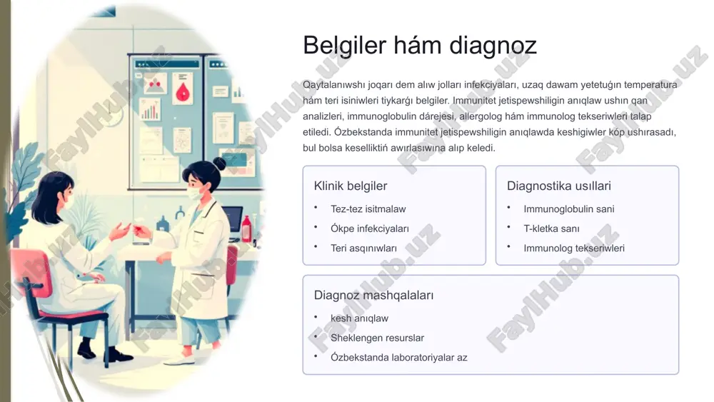 n kórsetpekte. 10 turmıs sapasın jaqsılaw hám aldın alıw strategiyaları immunitet jetispewshiligi menen jasaw qıyın, biraq duris ajıratıw menen nawqaslar óziniń aktiv, ólim roli menen jasawı múmkin. profilaktikalıq ilajlar tiykarǵı rol oynaydı. gigiena hám sanitariya aqıllı qol juwıw hám dezinfekciya tis kútimi hám awız salamatlıǵı jay tazalıǵı, hawa filtrleniwi infekciyalanǵan adamlardan uzaqlasıw awqatlanıw hám aktiv turmıs vitaminler hám mineral zatlar menen birge awqat jeterli uyqı (8 saat minimum) stressti kemeytiw hám meditaciya aman fizikalıq shınıǵıwlar (táwiptiń juwapkershiliginde) medicinalıq baqlaw turaqlı immunolog menen ushırasıw infekciyalardı erte anıqlaw vakcinaciya kestesine ámel etiw vakcinaciya kestesine ámel etiw 11 insan tariyxı: cvid penen gúresip atırǵan nawqastıń tájiriybesi 30 jasar axmed qara hám aq faslarda hár saparı pnevmoniya awırıp túser edi. doktorlar aldın bul "ápiwayı" kesellik dep oylaytuǵın edi, biraq máseleniń tereńligin túsingen soń, onıń turmısı ózgerip ketti. diagnoz hám keste ximiyalıq analizler cvidti anıqladı. antitelalar dárejesiniń keskin tómenlewi usıǵan alıp keldi. immunoglobulin terapiyası baslandı …