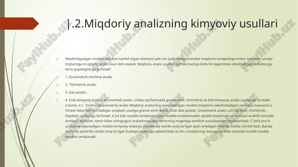 r va titrlash texnikasining o‘ziga xos xususiyatlari qayd etildi. gravimetrik analizda esa moddani cho‘ktirish, filtratsiyadan o‘tkazish, quritish yoki kuydirish yo‘li bilan og‘irlik asosida aniqlash metodlari ko‘rib chiqildi. ushbu usul yuqori aniqlikka ega bo‘lishi bilan birga, ancha mehnat talab qiladigan jarayonlardan iboratligi ta’kidlandi. image1.jpeg image2.jpeg /docprops/thumbnail.jpeg