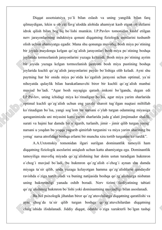 chilar diqqatini jalb qilish uchun ba`zan kattiqroq gapirishi yoki ovozni pasaytirib gapirishi mumkin. lekin bunday usullar maktabda diqqatni hal qilish masalasini hech qachon oxirigacha hal qilib bermaydi. bu usuldan so`ng va ular bilan birga o`quvchilar diqqatini jalb qilishning boshqa usullaridan foydalanmog`i lozim. ixtiyoriy diqqatni yuzaga keltiruvchi ikkinchi toifa sabablariga tashqi qo`zg`atuvchilarning odamning ichki holatiga va avvalo odamda mavjud bo`lgan ehtiyojlarga mos kelishi kiradi. masalan: kornimiz och paytida biror mazali hid beixtiyor diqqatimizni o`ziga jalb etadi. agar qornimiz to`q bo`lsa, bu hidni payqamasligimiz ham mumkin. bu toifadagi sabablarga maroqlilik hamda jozibadorlik kiradi. agar o`qituvchining gapirayotgan gapi har xil hissiyotlarni tug`diruvchi tasavvurlarni almashtirib tursa, o`quvchilarning diqqatlari so`saymaydi. bunday diqqatni emotsional diqqat deb atashimiz mumkin. diqqatni yuzaga keltiruvchi sabablarga yana ilgarigi tajribalarning ta`siri, jumladan bilimlarning va tasavvurlarimizning ta`siri, hamda ko`pincha diqqatni jalb qilishda ahamiyatga ega bo`lgan malaka va odatlarning ta`siri kiradi. diqqatni jalb qilishda inson shaxsi umumiy yo`nalishining va diqqatni yuzaga keltirishning muhim …
