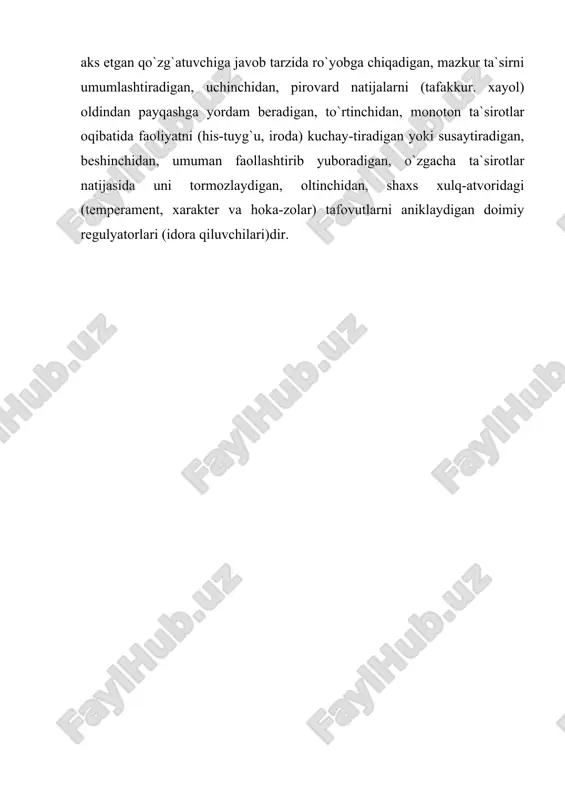 ettiri-luvchi narsa va hodisalarning in`ikos jarayoniga aylanish mexanizm-larini, subyektning o`z faoliyatini rejalashtirishni, nazorat qilish-ni, boshqarishni tadqiqot etadi. psixika faollik xususiyatiga ega bo`lib, u mayllarda, maqbul yechim-ni qidirishda, xatti-harakat variantlari ehtimolligini xayoldan o`tkazishda, undashda, turtkilarda o`z ifodasini topadi. xuddi shu bois psixik aks ettirish (in`ikos) sust narsa emas, balki u harakat, xatti-harakat, ta`sir, o`zaro ta`sir kabilarni tanlash, qiyoslash, izlash, ajratish bilan bevosita aloqador shaxs faoliyatining muhim jabhasi sanaladi. hozirgi zamon psixologiyasida faoliyat, jarayon va xulq-atvor-ning faol boshqarilishi teskari aloqa apparatining ishlashini taqozo etadi (p.k.anoxin, a.n.bernshteyn va boshqalar). teskari aloqa tushunchasi kibernetika, fiziologiya, psixologiya fanlarida keng ko`lamda qo`llanilib kelinmokda. teskari aloqa psixologiya bilan fiziologiya fanlarida har bir javob harakati hal qilinayotgan va-zifa (muammo) miyada baholanilishi tushuniladi. p.k.anoxin nuq-tai nazaricha, organizmda muayyan sikl bilan ish bajaruvchi yaxlit sistema mavjud. mazkur sistemada markazdan javob harakatiga buy-ruqberilishining birorta ham lahzasi teskari yo`nalishda (perife-riyadan markazga qarab) harakatning natijasi haqida zudlik bilan axborog (teskari aloqa) yuborilmaguncha tugallanmaydi. …