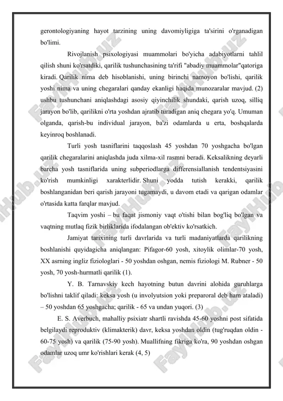 ralib turadi. shuning uchun qarilikning turli tipologiyalarini ko'rib chiqish kerak. (6) i. kon, u to'ldirilgan faoliyatning xususiyatiga qarab, qarilik turlarini tasniflaydi. 1. birinchi tur-faol, ijodiy qarilik. odamlar kasbiy mehnatdan ajralib, ijtimoiy hayotda ishtirok etishni davom ettirdilar, hech qanday kamchilikni sezmasdan to'liq qonli hayot kechirdilar. 2. qarilikning ikkinchi turi ham yaxshi ijtimoiy va psixologik fitnes bilan ajralib turadi, ammo bu odamlarning energiyasi asosan o'z hayotini tartibga solishga qaratilgan – moddiy farovonlik, dam olish, ko'ngil ochish va o'z-o'zini tarbiyalash, bu ilgari vaqt talab qilmagan. 3. ayollar ustunlik qiladigan uchinchi tur oilada kuchning asosiy qo'llanilishini topadi. ularning xiralashishga yoki zerikishga vaqtlari yo'q, lekin ular odatda birinchi ikki turga qaraganda hayotdan qoniqishadi. 4. to'rtinchi tur-bu hayotning ma'nosi sog'liq uchun g'amxo'rlik bo'lgan, faoliyatning juda xilma-xil shakllarini rag'batlantiradigan va ma'lum bir axloqiy qoniqishni ta'minlaydigan odamlar. biroq, bu odamlar o'zlarining haqiqiy va xayoliy kasalliklarining ahamiyatini oshirib yuborishadi. i. kon qarilikning bu 4 turini psixologik jihatdan muvaffaqiyatli deb …