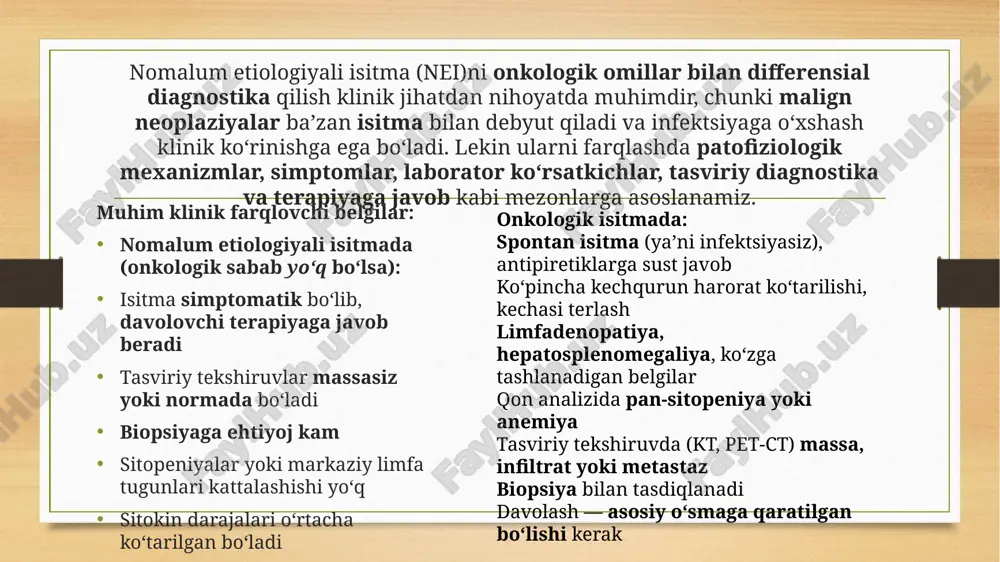 ali odatda paroksizmal (feoxromotsitoma), subfebril (tireotoksikoz) qo‘shimcha simptomlar spesifik emas tez yurak urishi, diaforez, asabiylik, vazn yo‘qotish, tremor laborator testlar gormonlar normada t3, t4↑; tsh↓ (tireotoksikoz), katexolaminlar↑ (feoxromotsitoma) tasviriy tekshiruvlar normada qon tomirlari ustida massa (adrenal), qalqonsimon bez o‘zgarishi davolashga javob standart simptomatik davo sust gormonlarni boshqarish orqali yaxshilanish endokrin/metabolik sabablarga differensial diagnostika (masalan, tireotoksikoz, feoxromotsitoma) mezon nei (psixogen emas) psixogen yoki iatrogen isitma klinik muhit kasalxonada yoki uyda ko‘pincha kasalxonada, ruhiy buzilish fonida harorat ko‘tarilishi termoregulyatsiyaga mos ko‘pincha o‘ta yuqori (≥40°c), lekin umumiy holat yaxshi davolashga javob sust antipiretiklar, placebo — kuchli javob boshqa simptomlar ob’ektiv simptomlar mavjud ob’ektiv belgilar yo‘q, faqat subyektiv shikoyatlar qo‘shimcha dalillar tashqi omillarsiz o‘zini isitma qilayotgan bemor, termometr manipulyatsiyasi mumkin psixogen va iatrogen isitmalar bilan differensial diagnostika yodda tutish lozim: nei aslida birlamchi tashxis emas, balki bosqichma-bosqich inkor qilish orqali qo‘yiladigan tashxisdir. ya’ni: infeksion, onkologik, autoimmun, medikamentoz, endokrin, iatrogen, psixogen va boshqa kam uchraydigan …