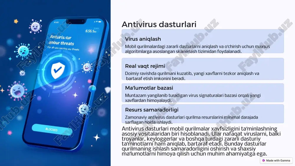oladi. 2 ikkinchi faktor: qoʻshimcha tasdiqlash foydalanuvchi qoʻshimcha tasdiqlash usulidan foydalanadi. bu sms-kod, maxsus ilova orqali generatsiya qilingan kod, biometrik maʼlumotlar yoki maxsus qurilma boʻlishi mumkin. 3 xavfsizlik darajasi ikki faktorli autentifikatsiya tizimi hisobga kirish xavfsizligini sezilarli darajada oshiradi, chunki faqat parolni bilishning oʻzi yetarli boʻlmaydi. 4 moslashuvchanlik koʻpgina zamonaviy ikki faktorli autentifikatsiya tizimlari turli tasdiqlash usullarini taklif etadi, bu esa foydalanuvchilarga oʻzlari uchun eng qulay variantni tanlash imkonini beradi. ikki faktorli autentifikatsiya (2fa) tizimi mobil qurilmalarda axborot xavfsizligini taʼminlashning eng samarali usullaridan biri hisoblanadi. bu tizim foydalanuvchidan hisobga kirish uchun ikkita alohida autentifikatsiya usulidan foydalanishni talab qiladi. birinchi faktor odatda an'anaviy parol boʻlsa, ikkinchi faktor boshqa bir usul, masalan, vaqtinchalik sms-kod yoki maxsus ilova orqali generatsiya qilingan kod boʻlishi mumkin. bu tizim hatto foydalanuvchining paroli buzilgan taqdirda ham hisobga ruxsatsiz kirishning oldini oladi, chunki ikkinchi faktorni taqdim etish imkoni boʻlmaydi. 12 mobil qurilmalarni nazorat qilish va monitoring 1 2 …