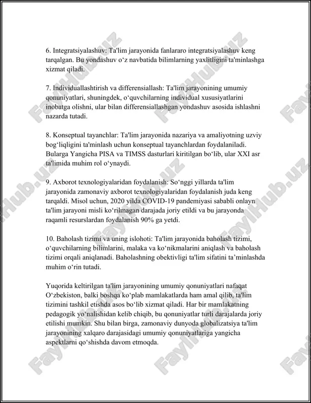 riga bog'lab, ularning ichki mantiqini aniqlashda yordam beradi. - masalan, matematika fanida algebra va geometriya bilimlarini alohida emas, balki bir-biri bilan bog'liq holda o'rganish tushunchalarni yanada chuqurroq anglashga yordam beradi. 2. izchillik: - ta'limda izchillik prinsipining ahamiyati shundaki, u aslida bilimlarning bosqichma-bosqich va oqilona taqdim etilishini talab qiladi. - pedagogik jarayonlarda bu prinsip o'quv materiallarining mantiqiy ketma-ketlikda berilishini nazarda tutadi. har bir yangi dars oldingi darslarda o'rgatilgan bilim va ko'nikmalarga tayanuvchi bo'lishi kerak. 3. kontseptual asoslar: - tizimlilik va izchillik prinsipiga muvofiq o'qituvchi darslarni rejalashtirishda o'quv dasturlarining asosiy maqsad va vazifalarini aniq belgilashi lozim. - har bir fan bo'yicha ishlab chiqilgan o'quv dasturlari mazmuni izchillik bilan ishlab chiqilishi zarur. o'quv dasturlari har bir sinf, har bir bosqichda muayyan bilimlarni izchil ravishda yoritishi kerak. 4. interfanga oid aloqadorlik: - turli fanlar o'rtasidagi aloqadorlikni ta’minlash orqali bilimlar tizimini yaratish o'quvchilarning fikrlash doirasini kengaytiradi. - misol uchun, tarix va geografiya fanlarini o'zaro aloqador …