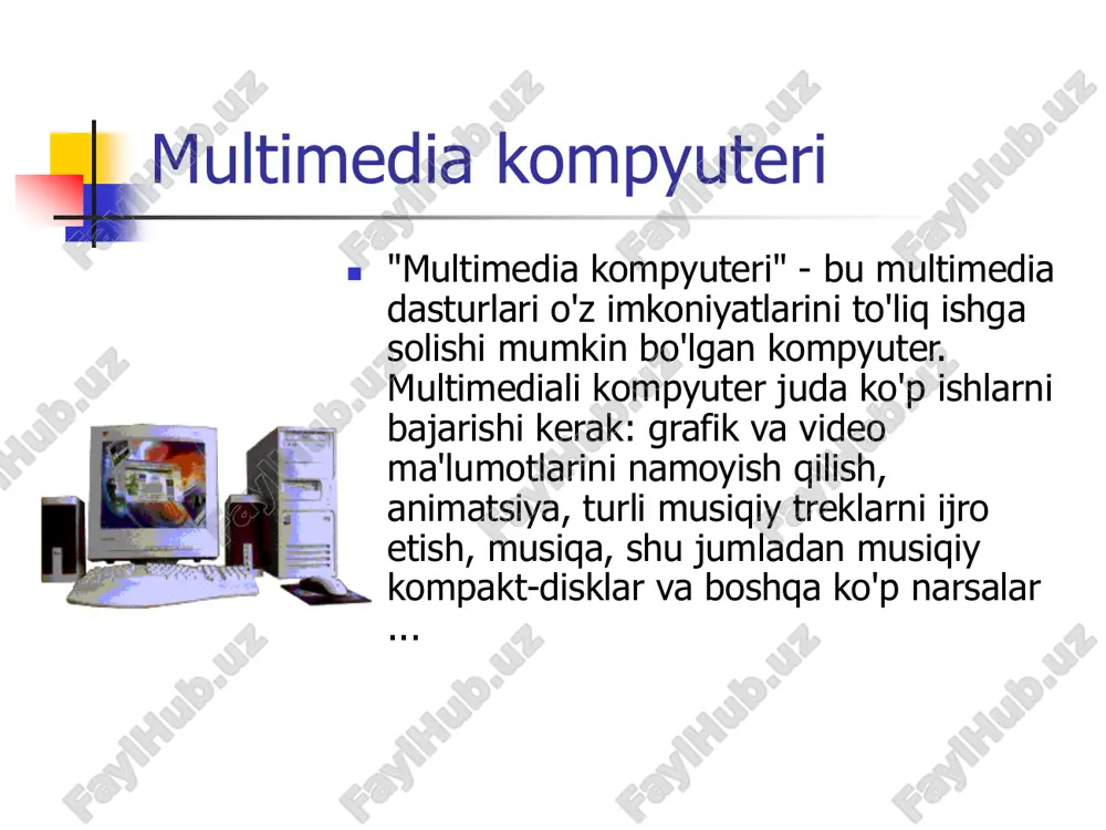 asi ham kiradi (masalan, ovozli blaster), c haydovchisid.-rom yoki dvd-rom, shuningdek, video kirish va video chiqishi bilan zamonaviy video karta.  kompyuter texnologiyalarining murakkabligi va butun ish jarayonini boshqarish qulayligi multimedia mahsulotlarini tayyorlashda kompyuterdan foydalanishni ajralmas qiladi.