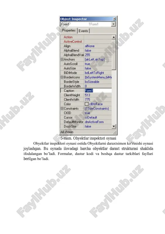 ma’lumotlar bazasi) buyruqlar guruhi (20.14-rasm) ma’lumotlar bazasi bilan ishlaydigan buyruqlarni o’z ichiga olgan. tools buyruqlari guruhi menyuning bu buyruqlari guruhi yordamida ilova parametrlarini o’rnatish va yordamchi dasturlar buyruqlarini chaqirish mumkin. windows buyruqlari guruhi menyuning bu buyruqlari guruhi yordamida interfeysning oynalarini boshqarish mumkin. help buyruqlari guruhi menyuning bu buyruqlari guruhi yordamida muhit, til, komponentalar va kompyuter haqidagi ma’lumotlarni olishimiz mumkin. nazorat savollari 1.borland c++ builder dasturlash muhitining umumiy tasnifi. 2.borland c++ builder muhiti versiyalari. 3.borland c++ builder dasturlash muhitining ishchi oynalarini keltirib o’ting 4.borland c++ builder dasturlash muhitining menyu bo’limlari qaysilar? foydalanilgan adabiyotlar va internet resurslari 1. n.kultin. samouchitel c++ builder spb.: bxv-peterburg, 2004. -320 s.: 2. n.kultin. c++ builder v zadachax i primerax. peterburg, 2005. — 336 s: 3. x.m.deytel, p.dj.deytel «kak programmirovat na s++», 5-izdanie, m- 2008 g. 1454 str. 4. g.shildt –“polniy spravochnik po c++” – m-2006., 801 str. 5. sh. f. madraximov “c++. obyektga yo’naltirilgan dasturlash”, toshkent, …