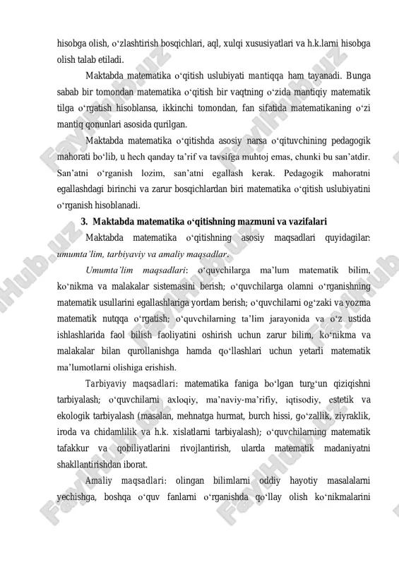 o‘qitishning asosiy maqsadlari quyidagilar: umumta’lim, tarbiyaviy va amaliy maqsadlar. umumta’lim maqsadlari: o‘quvchilarga ma’lum matematik bilim, ko‘nikma va malakalar sistemasini berish; o‘quvchilarga olamni o‘rganishning matematik usullarini egallashlariga yordam berish; o‘quvchilarni og‘zaki va yozma matematik nutqqa o‘rgatish; o‘quvchilarning ta’lim jarayonida va o‘z ustida ishlashlarida faol bilish faoliyatini oshirish uchun zarur bilim, ko‘nikma va malakalar bilan qurollanishga hamda qo‘llashlari uchun yetarli matematik ma’lumotlarni olishiga erishish. tarbiyaviy maqsadlari: matematika faniga bo‘lgan turg‘un qiziqishni tarbiyalash; o‘quvchilarni axloqiy, ma’naviy-ma’rifiy, iqtisodiy, estetik va ekologik tarbiyalash (masalan, mehnatga hurmat, burch hissi, go‘zallik, ziyraklik, iroda va chidamlilik va h.k. xislatlarni tarbiyalash); o‘quvchilarning matematik tafakkur va qobiliyatlarini rivojlantirish, ularda matematik madaniyatni shakllantirishdan iborat. amaliy maqsadlari: olingan bilimlarni oddiy hayotiy masalalarni yechishga, boshqa o‘quv fanlarni o‘rganishda qo‘llay olish ko‘nikmalarini shakllantirish; matematik asboblar va jihozlardan foydalana olishga o‘rgatish; bilimlarni mustaqil egallay olish ko‘nikmalarini tarkib toptirish. umumiy o‘rta ta’lim maktablarining 5-9-sinflari uchun matematikadan davlat ta’lim standarti (ta’lim taraqqiyoti. 4-maxsus son.-t:sharq, 1999 y.-101- 170-b.) …