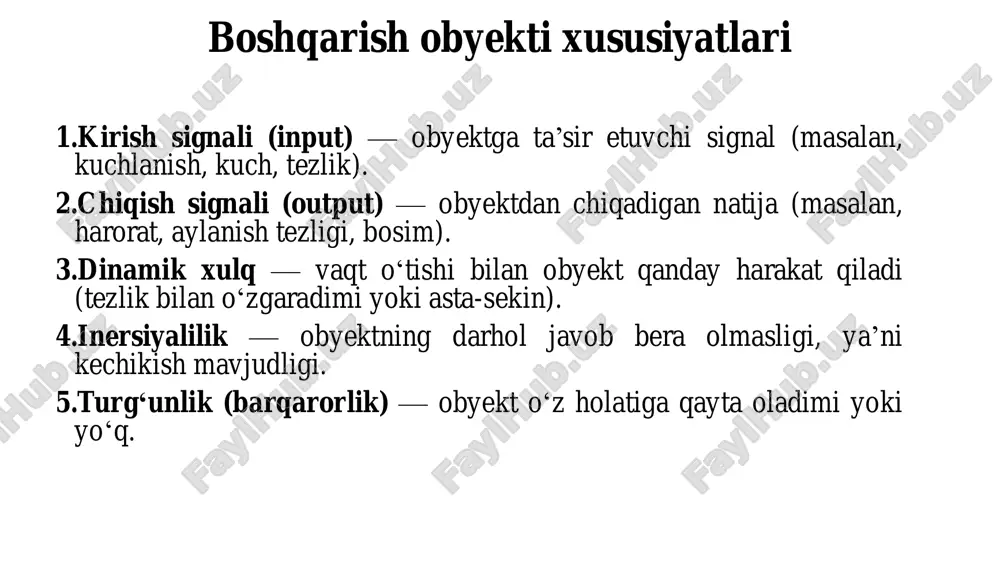 sosida obyektni boshqarish samaradorligini oshirishdir. avtomatik boshqaruv tizimi (sistema avtomaticheskogo upravleniya – sau ) - boshqaruv tsiklida inson ishtirokisiz. ya’ni, bu shunday tizimki, unda boshqarish vazifasi avtomatik bajariladi, ya’ni inson ishtirokisiz. misol sifatida texnologik jarayonlarni boshqarish, avtopilotlar va navigatsiya tizimlarini o'z ichiga olgan avtomatik boshqariladigan mashina yoki samolyot komplekslari bo'lishi mumkin. https://ru.wikipedia.org/wiki/%d0%a1%d0%b8%d1%81%d1%82%d0%b5%d0%bc%d0%b0_%d0%b0%d0%b2%d1%82%d0%be%d0%bc%d0%b0%d1%82%d0%b8%d1%87%d0%b5%d1%81%d0%ba%d0%be%d0%b3%d0%be_%d1%83%d0%bf%d1%80%d0%b0%d0%b2%d0%bb%d0%b5%d0%bd%d0%b8%d1%8f e’tiboringiz uchun rahmat!!!
