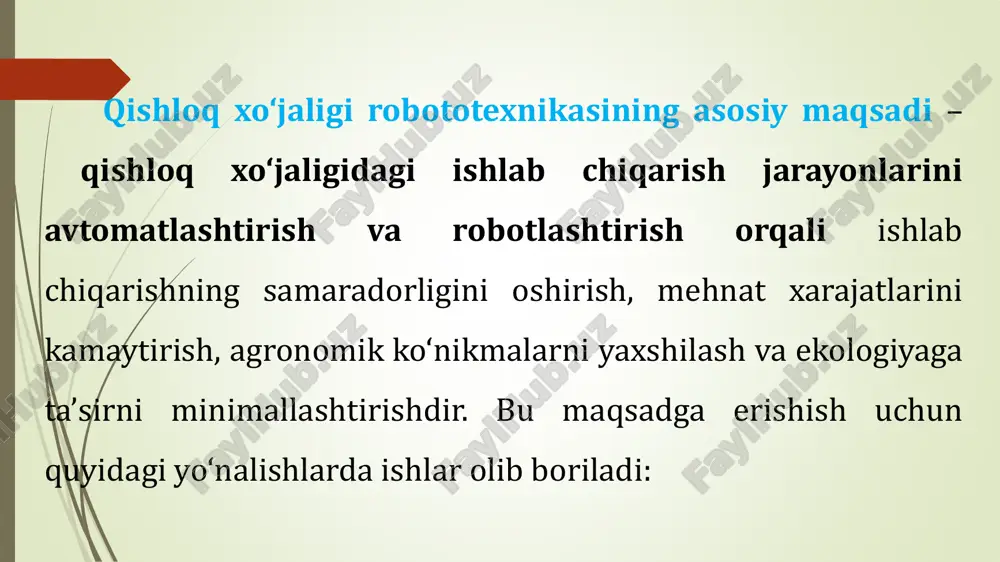 erish uchun foydalaniladi. toshqin va yaroqsizligini aniqlash robotlar yordamida fermerlar qishloq xo‘jaliklaridagi yomon muhit sharoiti va toksik muhitlarni aniqlash va ularga ishonchli yo‘l bilan javob berish imkoniyatiga ega bo‘ladilar. bu robotlar yerlarning chuqurligini tekshirish va yaroqsizlikka qarshi tadbirlar o’tkazishda yordam beradi. robotlar orqali qishloq xo‘jaligi ishchilarini ko‘paytirish qishloq xo‘jaligida robotlarning ishlatilishi inson resurslarini boshqarish va mehnatga bo‘lgan talabni pasaytirishga yordam beradi. bu, o‘rtacha ish kunini qisqartirish va inson mehnatini barqarorlashtirish imkonini beradi. energiya va ekologik samaradorlik robotlar ekologik samaradorlikni oshirish uchun yaratilgan. ular ish jarayonlarini optimallashtirib, energiya sarfini kamaytirish va tabiiy resurslarni tejashga yordam beradi. 1. robotlar haqida tushuncha. robototexnikaning rivojlanish tarixi robot (chex. “robot, robota – majburiy mehnat” yoki “rob – qul” degani) – tirik organizm prinsipi asosida yaratilgan avtomatik qurilma, vosita. «robot» so‘zi chex yozuvchisi karel chapek va uning ukasi yozef tomonidan o‘ylab topilgan hamda birinchi marta 1920-yilda chapekning «r.u.r.» («rossum universal robotlari») tadbirida tilga olingan. robot-manipulyator inson …