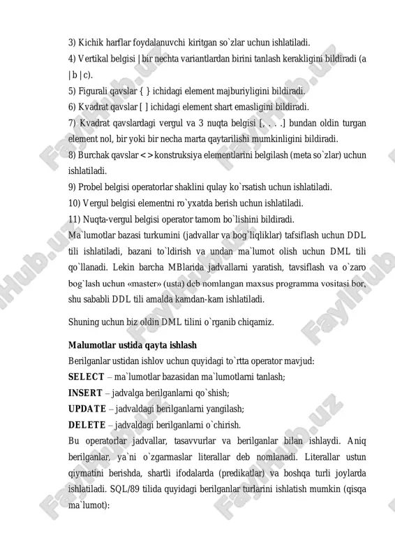 qligini va masshtabini beradi. decimal turi numeric turiga ekvivalent, integer va smallint turlar butun sonlar uchun ishlatiladi. suzuvchi nuqtali haqiqiy sonlarni tasvirlash uchun float, real va double precision turlar kiritilgan, bu turdagi literada darajani ifodalovchi «e» harfi ishlatilishi mumkin. sql/92 da namunaga yana bir nechta turlar kiritilgan bu date, time, interval, timestep, money bu turlar sana, vaqt, oraliq va pul qiymatlariga bog`liq. barcha o`zgarmaslar literal qiymatiga kiradi, uning sintaktik ko`rinishi quyidagicha: ::= | | | ::=[+|-]{ …[. …]|. …}[{e|e}[+|-] …] ::=`{ |``}…` ::=date `yyyy-mm-dd` ::=time `hh:mm:ss[.soniya qismi]` jadval ustuniga murojaat qilish uchun quyidagi sintaksis ishlatiladi: ::= [{ | }.] bunda jadval taxallusi jadvalga berilgan qo`shimcha sinonim nomi. misol: insert into talaba (id_tal, fam, ismi, tug_il, shahar, reyt_bal) values (100,`boltayev`,`bolta`,1960,`toshkent`,78.12); tanlash operatori operatorlardan eng ko`p qo`llanadigani bu select operatoridir. buning yordamida yaratilgan so`rovlar orqali berilgan jadvallardan kerakli ma`lumotlarni ajratib olish mumkin. bu operator barcha relatsion amallarni bajarishi mumkin, undan tashqari relatsion …