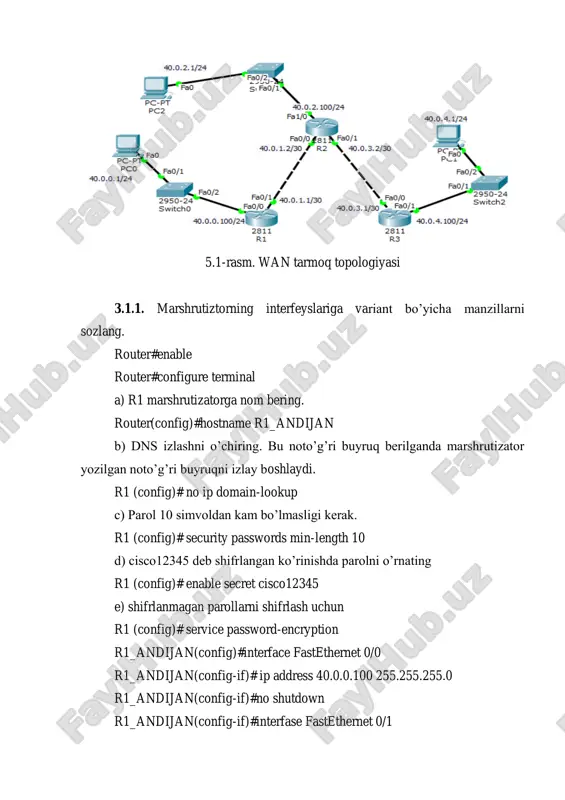 interface fastethernet 0/0 r3_samarkand(config-if)#ip address 40.0.3.1 255.255.255.252 r3_samarkand(config-if)#no shutdown r3_samarkand(config-if)# interface fastethernet 0/1 r3_samarkand(config-if)#ip add 40.0.4.100 255.255.255.0 r3_samarkand(config-if)#no shutdown r3_samarkand(config-if)#exit r3_samarkand(config)# ip route 40.0.2.0 255.255.255.0 40.0.3.2 r3_samarkand(config)# ip route 40.0.0.0 255.255.255.0 40.0.3.2 show run buyrug’i orqali har bir marshrutizatorning konfiguratsiyasini tekshiring va marshrutizatorlar orasida aloqa bor yoki yo’qligini test qilib tekshiring. 3.1.2. show ip route buyrug’i orqali marshrutizatorlardagi jadvalni tekshiramiz. 3.1.3. marshrutizatorlarda qo’shni qurilmalarni ulanganligini tekshiring