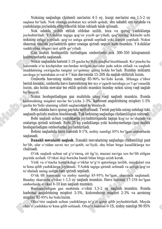 navlari sovuqqa chidamli hisoblanadi. olmaning sovuqqa chidamsiz navlari 2- 40s da saqlanadi. mart, suvorovets, aprel, jonatan, starking, antonovka, renet shampan, oddiy antonovka navlari sovuqqa chidamsiz navlar jumlasiga kiradi. olmani saqlashda havoning nisbiy namligi 85-95% bo‘lishi maqbul hisoblanadi. omborni sovitishga saqlash haroratiga etguncha havoni jadal aralashtirib turish orqali erishiladi, bunda taxlar orasida havo oqimining tezligi 0,2- 0,3 mg‘sek bo‘lishi tavsiya qilinadi. olmani omborda saqlash vaqtida gaz muhitini boshqarish muhim hisoblanadi. bunda ayniqsa past haroratga chidamsiz olmani saqlashda foydalanish yaxshi samara beradi. odatda olma daraxtining pastki shoxlaridan yig‘ilgan mevalar yaxshi saqlanadi. shu sababli ular alohida terib olinadi va saqlashga ham alohida joylanadi. olma uzilgandan so‘ng 4-8 soatdan kechiktirmasdan meva omboriga olib kelinishi kerak. olmani saqlashdan oldin ular maxsus bo‘lmalarda sovitiladi. har kuni meva ombori bo‘lmasi sig‘imining 10-15% olma bilan to‘lg‘aziladi. bo‘lma 7-10 kun deganda butunlay to‘lg‘aziladi. bo‘lmalarda havo asta-sekin sovitilib 4-6s ga etkaziladi, keyin esa nav uchun kerakli bo‘lgan harorat darajasida qoldiriladi. …