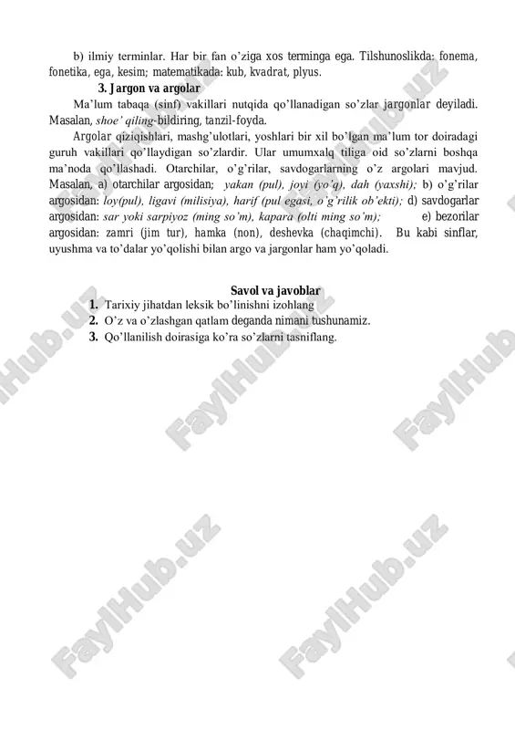 sika deyiladi. bunday so’zlar dialektizmlar ham deb yuritiladi. sheva so’zlari adabiy tildan uch xususiyatiga ko’ra farqlanadi: a) fonetik xususiyatiga ko’ra: aka-oka, bola-bala, dada-doda, kovush-govush,edi- jedi. b) leksik xususiyatiga ko’ra: kartoshka-barang, yong’oq-g’o’z, g’isht-karvich, buzoq-o’jak, narvon-shoti. v) grammatik xususiyatiga ko’ra: oshni-oshti, kelyapti- kevotti, boramiz-boravuz, bobomga-boboma. ba’zi so’zlar adabiy til va dialekt(sheva) da qo’llangani holda, adabiy tilda shevadagidan o’zgacha ma’noda ishlatiladi. masalan, irkit; adabiy tilda: “kir, iflos”; shevada: “ayron xalta” ma’nosini bildiradi. tavoq; adabiy tilda ichi chuqur idish; farg’ona shevasida “lagan” ma’nosida qo’llanadi. bir-biriga yaqin bo’lgan shevalar yig’indisi lahja deyiladi. o’zbek xalq shevalari uchta lahjaga birlashadi. qarluq lahjasi. bu lahjaga farg’ona, toshkent tipidagi shahar shevalari kiradi. bu lahjaga kiruvchi shevalar “y-lashgan” deb ham yuritiladi. qipchoq lahjasi. bu lahjaga kiruvchi shevalar “j- lashgan” ham deyiladi. negaki, so’z boshidagi y o’rnida asosan j qo’llanadi; yo’ldosh-jo’ldosh, yil-jil, etti-jetti. o’g’uz lahjasi. bu lahjaga xorazm, turkman shevalari kiradi. bu shevalarda so’z boshidagi jarangsiz undosh jaranglilashadi: tovush-dovush, kuch-guch. o’zbek …