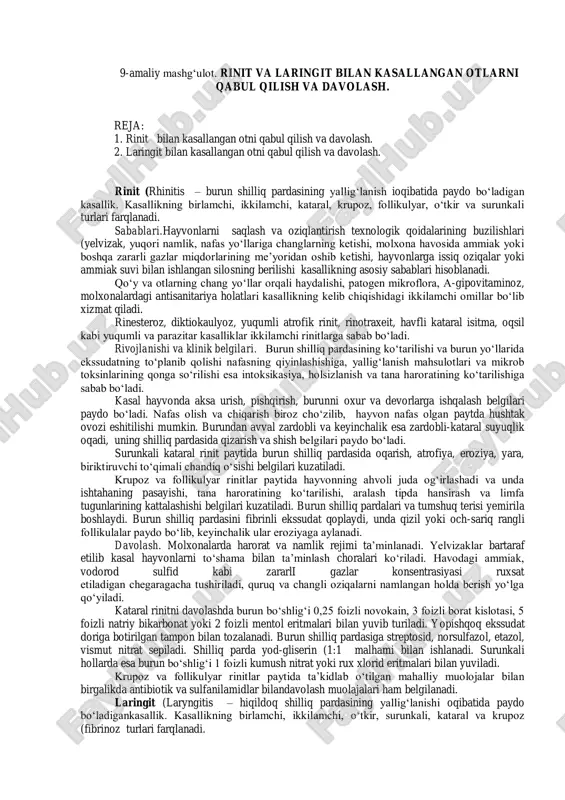 lar paytidagi shovqinlarni funksional shovqinlardan farqlash uchun hayvonni 10 daqiqa yugurtirish bilan sinama o‘tkaziladi. bunda yurakdagi asab tolalarining ta’sirlanishi va muskullar spazmi oqibatida paydo bo‘lgan endokardial shovqinlar yugurtirilganda yoki yengil jismoniy harakatdan keyin yo‘qolib ketadi. nuqsonlar paytidagi shovqinlar esa sezilarli darajada kuchayadi. miokard tonusining pasayishi oqibatida yurak teshiklarining kengayishidan kelib chiqadigan endokardial shovqinlardan farqlash uchun ot yoki sigirning venasiga 1-2 g kofein (10-15 ml distillangan suvda eritilgan holda yuboriladi va yurak auskultasiya qilinadi. nuqsonlar paytida 15-20 daqiqadan keyin endokardial shovqinlarning kuchayishi kuzatiladi. miokard tonusining pasayishidan hosil bo‘lgan shovqinlar esa, aksincha susayadi va butunlay yo‘qoladi. davolash.kasal ot ishdan ozod qilinadi va unga yurak glikozidlari va glyukozani birgalikda ishlatishga asoslangan simptomatik davolash muolajalari belgilanadi. 8-amaliy mashg‘ulot. nafas tizimi kasalliklarini davolash. umumiy va maxsus davolash usullari: intratraxeal in’eksiya, aerozoloterapiya, yulduzsimon tugun novokainli qamali. antibiotikoterapiya qoidalari. reja: 1. nafas tizimi kasalliklarini davolash. 2. umumiy va maxsus davolash usullari: intratraxeal in’eksiya, aerozoloterapiya, yulduzsimon tugun novokainli …