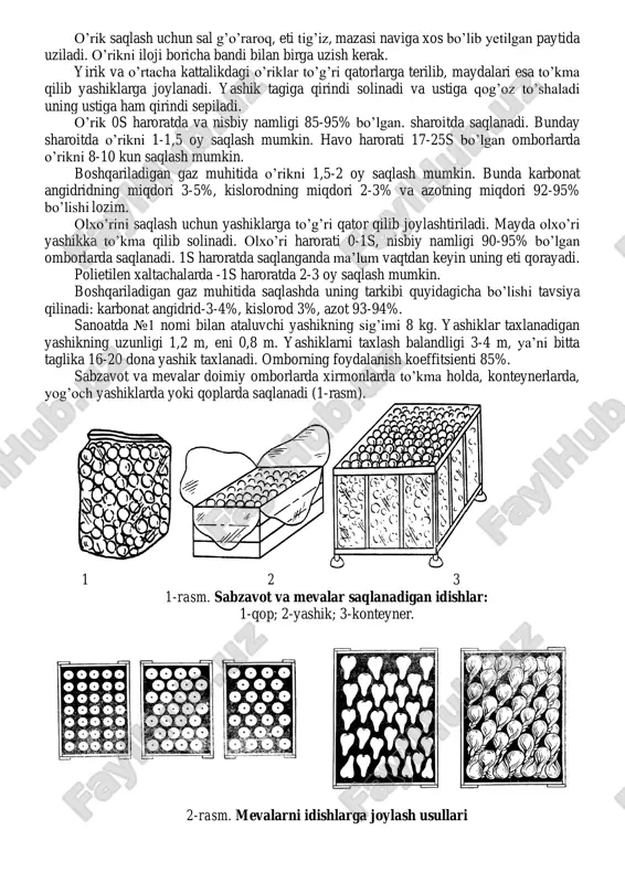 iy namligi 85-95% bo’lishi maqbul hisoblanadi. omborni sovitishga saqlash haroratiga yetguncha havoni jadal aralashtirib turish orqali erishiladi, bunda taxlar orasida havo oqimining tezligi 0,2-0,3 m/sek bo’lishi tavsiya qilinadi. olmani omborda saqlash vaqtida gaz muhitini boshqarish muhim hisoblanadi. bunda ayniqsa past haroratga chidamsiz olmani saqlashda foydalanish yaxshi samara beradi. odatda olma daraxtining pastki shoxlaridan yig’ilgan mevalar yaxshi saqlanadi. shu sababli ular alohida terib olinadi va saqlashga ham alohida joylanadi. olma uzilgandan so’ng 4-8 soatdan kechiktirmasdan meva omboriga olib kelinishi kerak. olmani saqlashdan oldin ular maxsus bo’lmalarda sovitiladi. har kuni meva ombori bo’lmasi sig’imining 10-15% olma bilan to’lg’aziladi. bo’lma 7-10 kun deganda butunlay to’lg’aziladi. bo’lmalarda havo asta-sekin sovitilib 4-6s ga yetkaziladi, keyin esa nav uchun kerakli bo’lgan harorat darajasida qoldiriladi. oliy va birinchi navli olmalar uzoq muddatga, ikkinchi va uchinchi navli olmalar 2-3 oy saqlashga qo’yiladi. ular yashik, karton quti va konteynerlarda saqlanadi. mevalarni konteynerlarda saqlash omborning 1 m3 hajmidan samarali foydalanishni …