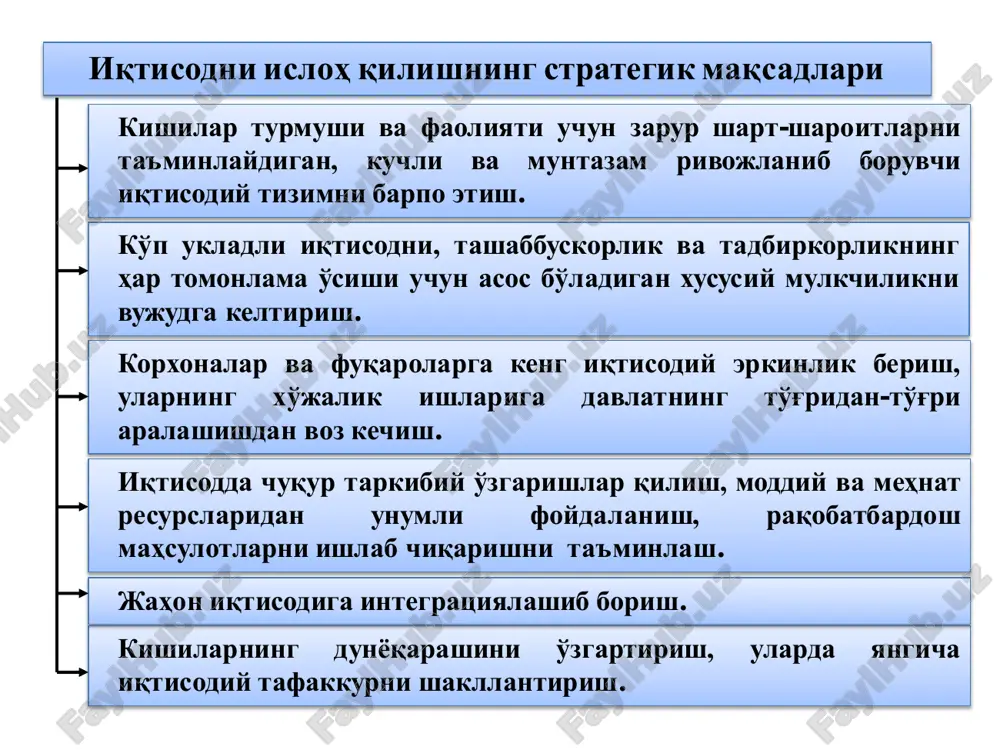 da etishtirilgan qishloq xo'jaligi mahsulotlarining 99 foizi iqtisodiyotning nodavlat sektori hissasiga to'g'ri keladi. • 1991 yilgacha mamlakatimizda 1 million 842 ming xonadon gazlashtirilgan bo'lsa, bu ko'rsatgich 1997 yilda 3 million 155 mingga etdi. • qishloqlarda 2 millionga yaqin ish joyi yaratildi. • 650 ming kishini kasbga tayyorlash mo'ljallandi. • 2003 yildan toshkent davlat agrar universitetining nukus filiali ish boshladi va voha qishloq xo'jaligini kadrlar bilan ta'minlashga xizmat qilmoqda. mustaqillik yillarida o'zbekistonda iqtisodiyotning rivojlanishi makroiqtisodiy barqarorlikka erishish • o'zbekistonda asosiy fondlarning 40 foizi sanoat hissasiga to'g'ri keladi. • dunyoning 162 mamlakati sarmoyadorlari ishtirokida tuzilgan 4 mingdan ortiq qo'shma korxonalar faoliyat ko'rsatmoqda. o'zbekistonda xorijiy investitsiyalarni o'zlashtirish bir necha barobarga oshdi. tashqi savdoda ijobiy saldoga erishildi. • o'zbekiston energetika tizimida sirdaryo gres, yangi angren gres, toshkent gres, navoiy gres, angren gres, taxiatosh gres, talimarjon gres, chorvoq ges, xo'jakent ges, g'azalkent ges, farhod ges issiqlik elektr markazlari katta o'rin tutadi. • 1997 yildan o'zbekiston …