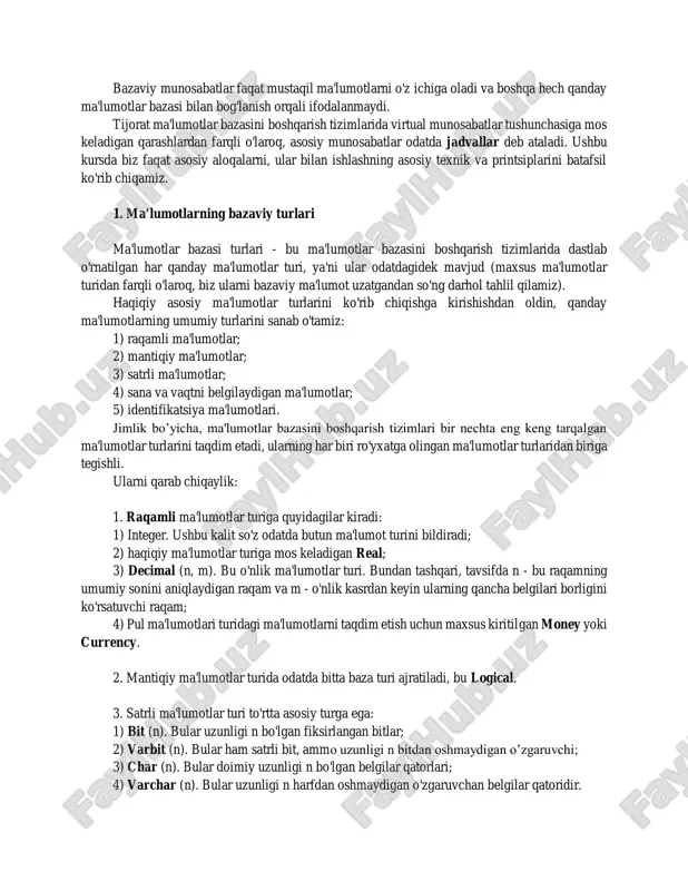 ma'lumotlar bazalarini ko'chirish imkoniyatini beradi. turli ma'lumotlar bazalari o'zlarining sql sintaksisidan foydalanadilar. masalan, sqlite bir qator ma'lumotlar turlarini tushunmaydi. turli xil ma'lumotlar bazalarida sqlni "protsessual" qilish uchun o'z kengaytmalari mavjud. ular saqlanadigan protseduralar va protsessual qo'shimchalar tillari. masalan, oracle ma'lumotlar bazasida pl/sql, postgresql pl/pgsqldan foydalanadi. dialektlarning mavjudligiga qaramay, faqat ddl va dml-ni o'z ichiga olgan so'rovlar odatda turli xil ma'lumotlar bazalari o'rtasida ko'chiriladi. sql operatorlarini yozish. sql dasturi - bu sql ko'rsatmalarining oddiy chiziqli ketma-ketligi. o'zining sof shaklida sql tilida ma'lumotlar bazasiga so'rovlarni bajarish tartibini (sikllar, tarmoqlar, o'tishlar) boshqarish uchun operatorlar mavjud emas. sql iboralari quyidagilar yordamida tuzilgan: - zahiralangan kalit so'zlar; - jadvallar va jadval ustunlarining identifikatorlari (nomlari); - ma'lumotlar bazasida ma'lumot qidirish mezonlarini shakllantirish va natijada olingan jadvallardagi yacheykalar qiymatlarini hisoblash uchun foydalaniladigan mantiqiy, arifmetik va satrli iboralar; - iboralarda ishlatiladigan operatsiyalar va funktsiyalarning identifikatorlari (nomlari). barcha kalit so'zlar, funksiya nomlari va, qoida tariqasida, jadval va ustun nomlari …