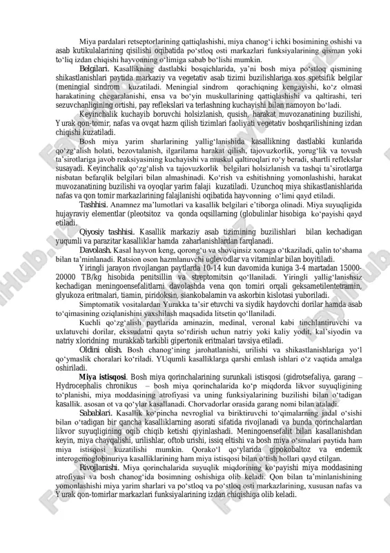 bo‘ladigan kasallik. sabablari. hayvonlarni havo harorati juda baland paytlarda yopiq va namligi yuqori bo‘lgan molxonalarda saqlash, ularni yopiq, havo almashmashinuvi ta’minlanmagan transport vositalarida tashish kasallikning asosiy sabablari hisoblanadi. semizlik, sug‘orishning etishmasligi, hayvonlarni zich saqlash, yurak qon-tomir tizimi etishmovchiliklari kasallik paydo bo‘lishini tezlashtiruvchi omillar hisoblanadi. rivojlanishi. havo harorati va namlikning yuqori bo‘lishi organizmdan issiqlikning bug‘lanish yo‘li bilan chiqib ketishini qiyinlashtiradi va natijada umumiy tana haroratining ko‘tarilishi oqibatida bosh miya va o‘pkada shish paydo bo‘lishi, miya qorinchalarining likvor suyuqligiga to‘lishi hamda markaziy asab tizimi va yurak ishining buzilishiga sabab bo‘ladi. belgilari. kasal hayvonda umumiy holsizlanish va bezovtalanish, qorachiqning kengayishi, chanqoq va terlashning kuchayishi, nafasning tezlashishi va zo‘riqishi, yurak urishlarining qattiq eshitilishi, ikkinchi tonning kuchayishi, pulsning tezlashishi, tana haroratining 1-2 os ga ko‘tarilishi kuzatiladi. keyinchalik, markaziy asab tizimi va yurak ishining buzilishi belgilari, xususan, organizmning tashqi ta’sirotlarga javob reaksiyasining butunlay yo‘qolishi, reflekslarning kuchsiz namoyon bo‘lishi yoki yo‘qolishi, muskullar tonusining pasayishi va fibrilyar qaltirashi, …