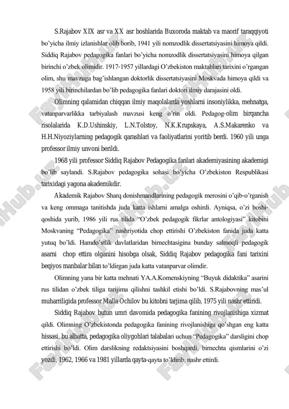 dagi toshkent davlat pedagogika insitutining pedagogika kafedrasiga o‟qituvchi qilib ishga qabul qilinadi. urush yillarida “qizil o‟zbekiston” gazetasining ma‟sul kotibi bo‟lib ishlaydi. siddiq rajabov 1947-1963 yillarda nizomiy nomidagi tdpining pedagogika kafedrasi mudiri lavozimida, 1960-1966 yillarda esa o‟zbekiston pedagogika fanlari ilmiy-tadqiqot institutining direktori lavozimida ishlaydi. 1966 yili nizomiy nomidagi toshkent davlat pedagogika institutiga ishga qaytadi va shu institutning umumiy pedagogika kafedrasiga 1990 yilgacha mudirlik qiladi. s.rajabov xix asr va xx asr boshlarida buxoroda maktab va maorif taraqqiyoti bo‟yicha ilmiy izlanishlar olib borib, 1941 yili nomzodlik dissertatsiyasini himoya qildi. siddiq rajabov pedagogika fanlari bo‟yicha nomzodlik dissertatsiyasini himoya qilgan birinchi o‟zbek olimidir. 1917-1957 yillardagi o‟zbekiston maktablari tarixini o‟rgangan olim, shu mavzuga bag‟ishlangan doktorlik dissertatsiyasini moskvada himoya qildi va 1958 yili birinchilardan bo‟lib pedagogika fanlari doktori ilmiy darajasini oldi. olimning qalamidan chiqqan ilmiy maqolalarda yoshlarni insoniylikka, mehnatga, vatanparvarlikka tarbiyalash mavzusi keng o‟rin oldi. pedagog-olim birqancha risolalarida k.d.ushinskiy, l.n.tolstoy, n.k.krupskaya, a.s.makarenko va h.h.niyoziylarning pedagogik qarashlari va …