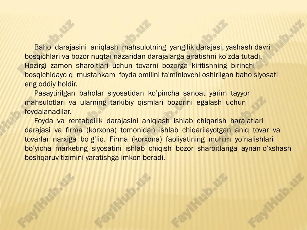 gilaydi. baho shakllanishi marketing majmuasida eng murakkab va eng muhim jarayon hisoblanadi. baholar orqali tijoratning pirovard natijasi amalga oshiriladi. korxona ishlab chiqarish, sotish tarkibining barcha bo’g’inlari uning marketing xizmatini va ishining samaradorligini aniqlaydi. pirovard hisobda baholar ish bilarmonga, firmaga rejlashtirilgan daromadni ta'minlaydi, ularning mahsulot-xo’jalik tarkibini raqobatbardoshligi barcha mahsulotlar majmuasini, xizmat va servis iste'moli foydasiga hal bo’lishining guvohi bo’ladi. foydalanilgan adabiyotlar o 1.bekmuradov a.sh., qosimova m.s.,safarov b.j., musaeva sh.a. “marketingni boshqarish”-t-2006. o 2. qosimova m.s.,ergashxo’jaeva sh.j. marketing. o’quv qo’llanma.– t.:tdiu, 2004y. o 3. qosimova m.s.,ergashxo’jaeva sh.j. “marketing” fanidan ma'ruzalar matni.– t.: tdiu, 2005y. internet veb saytlari o www.review.uz o www.cer.uz o www. bearingpoint.uz